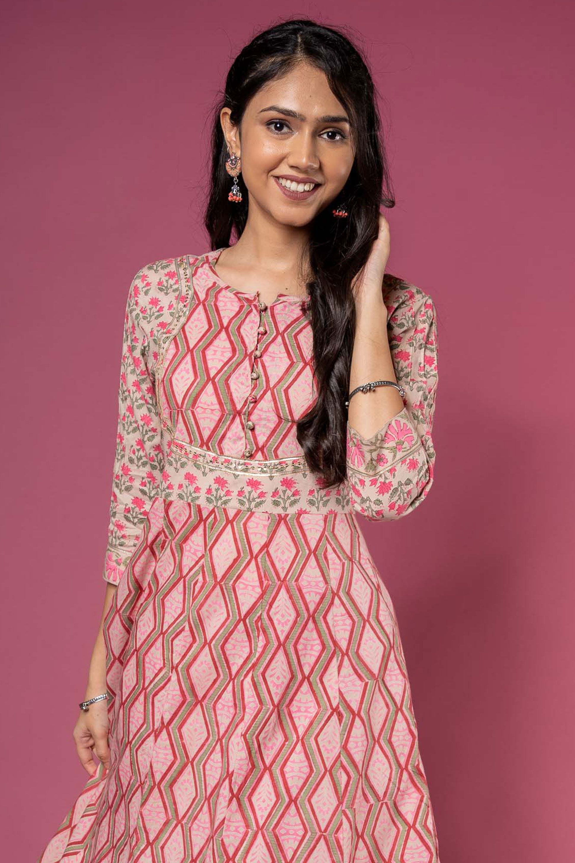 Pink Block Printed Long Kurta 