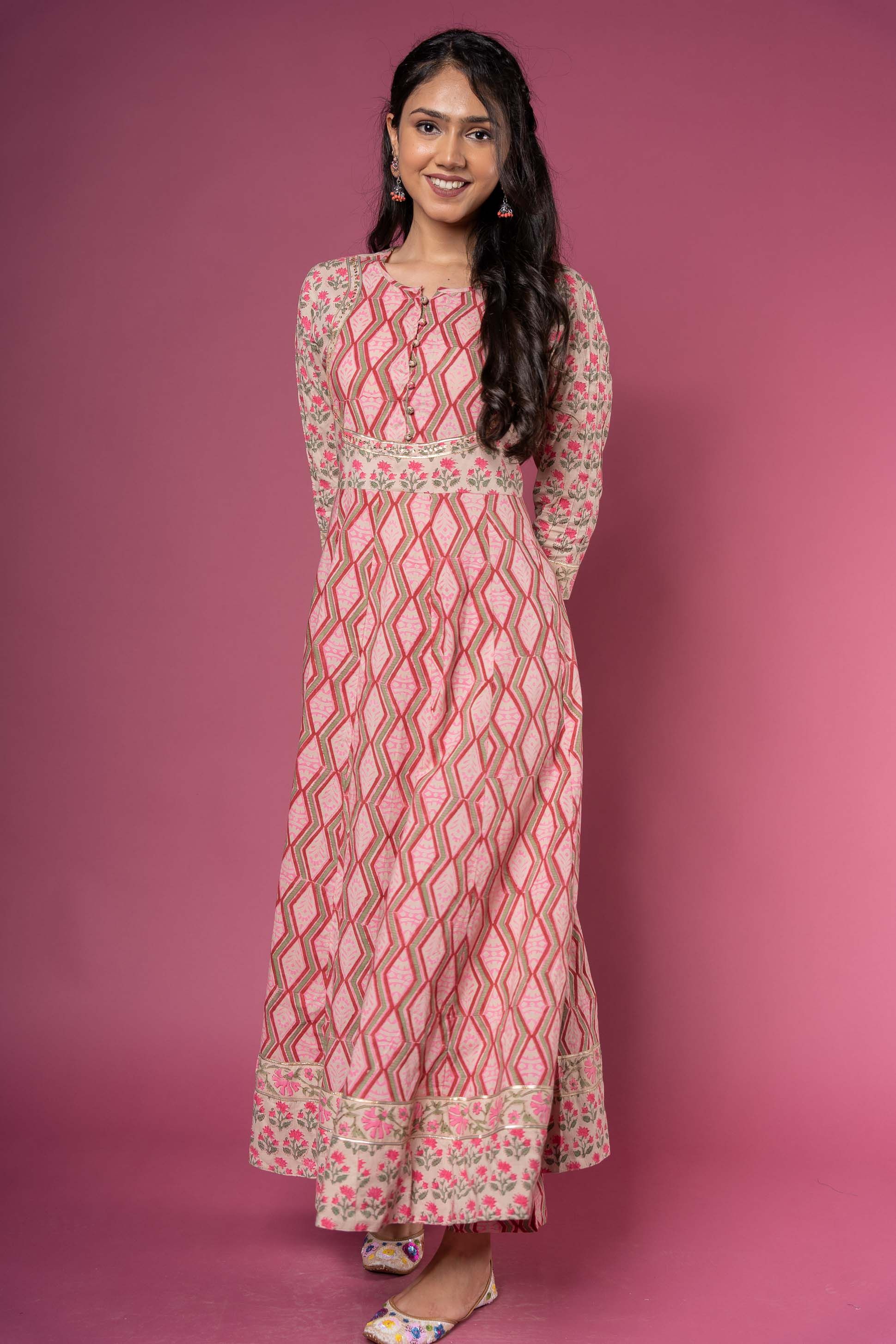 Pink Block Printed Long Kurta 