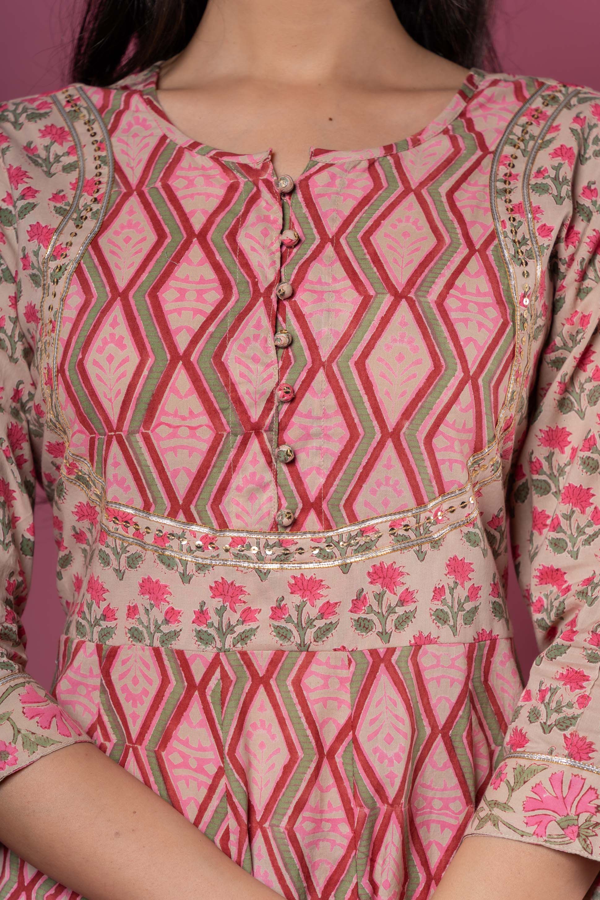 Pink Block Printed Long Kurta 