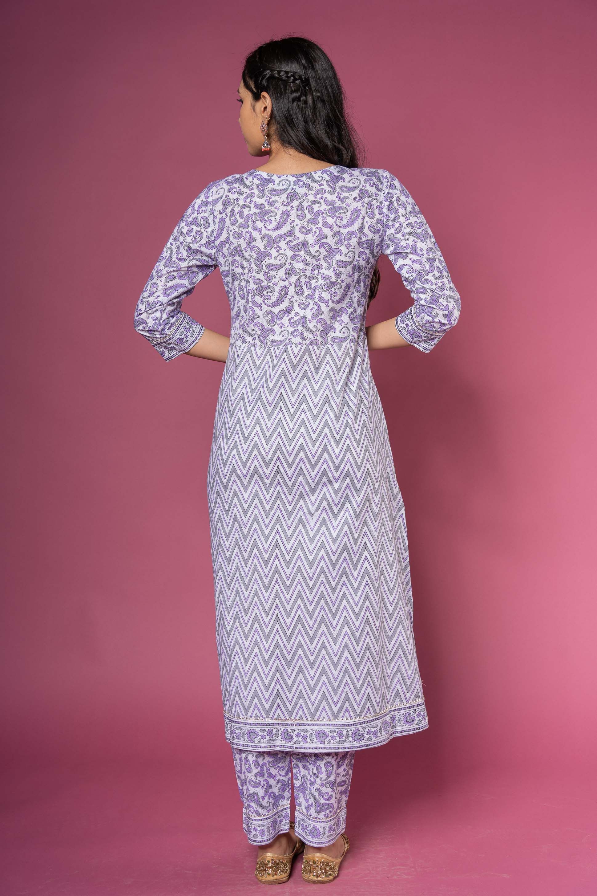 Purple White Block Printed Kurta 