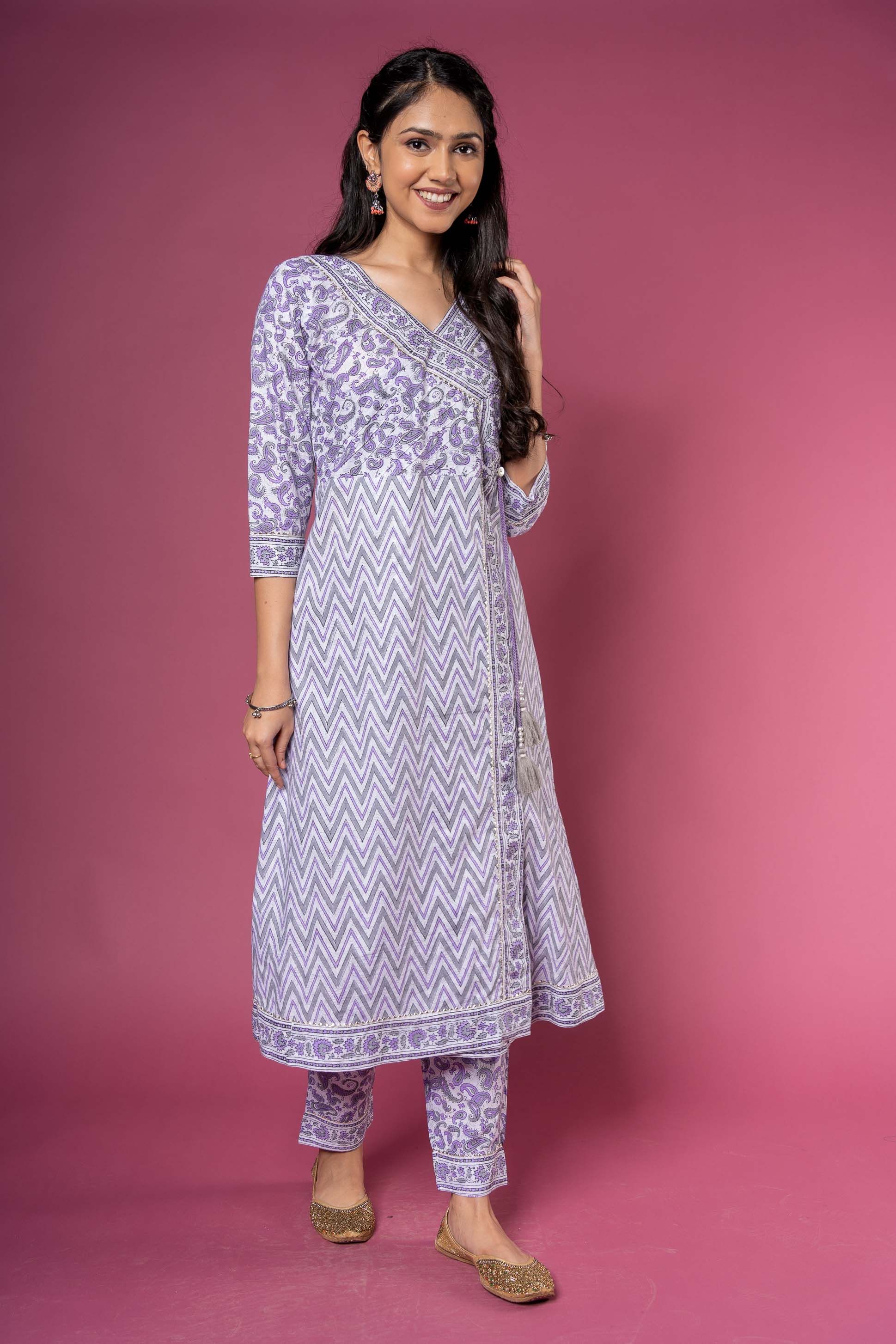 Purple White Block Printed Kurta 