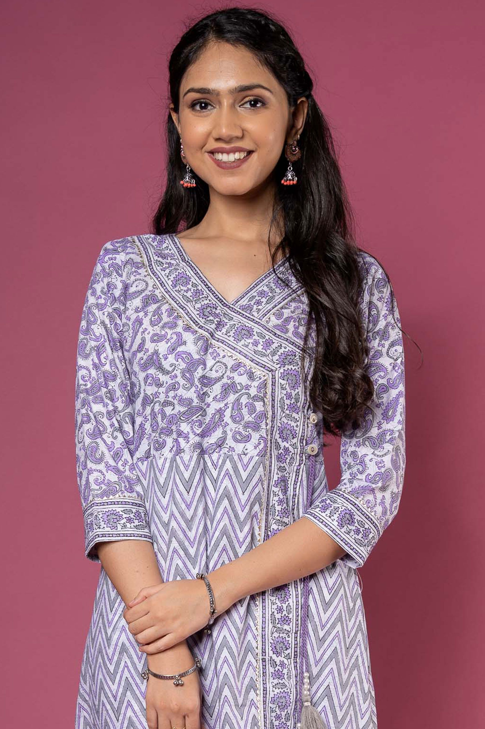 Purple White Block Printed Kurta 