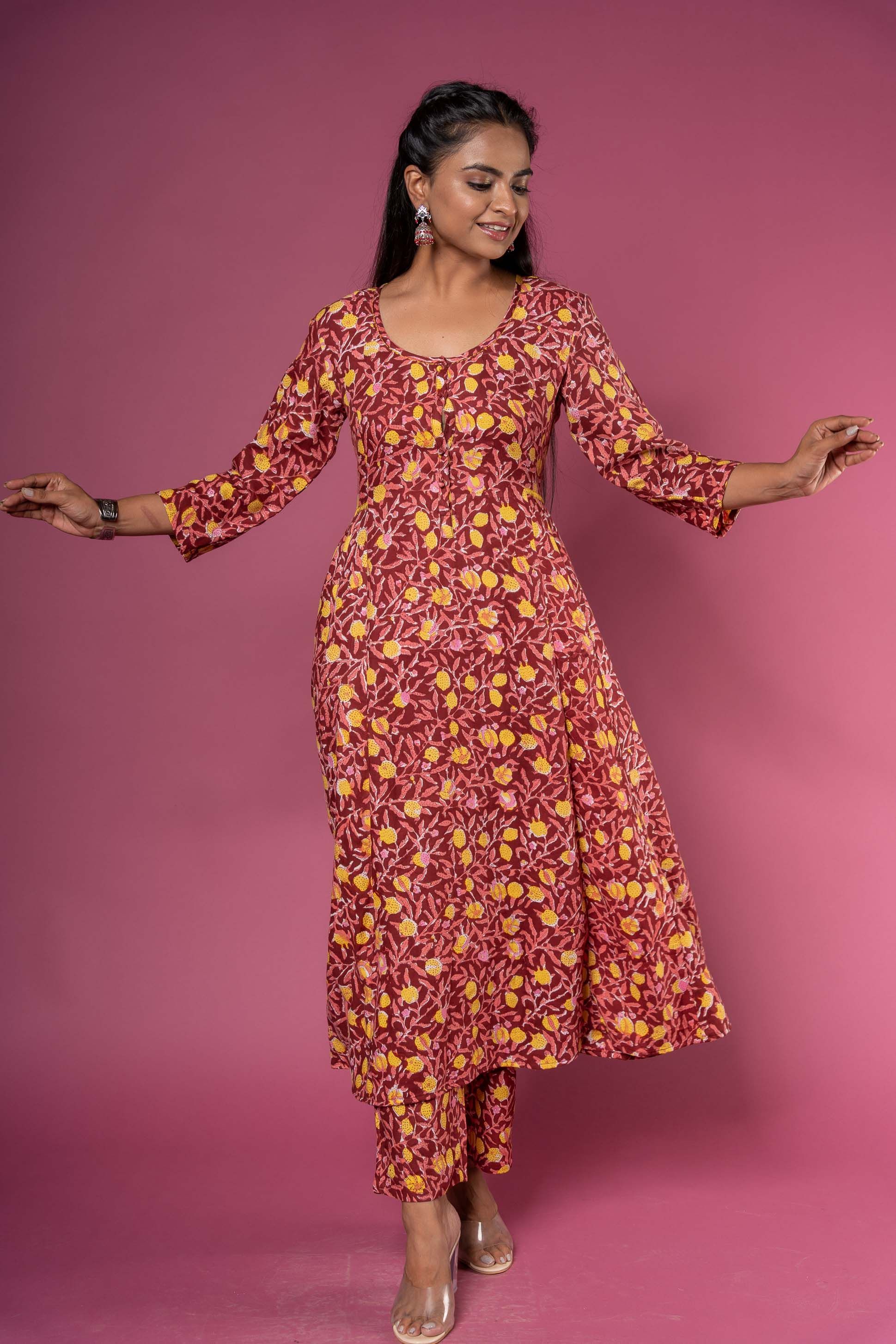 Maroon Block Printed Anarkali Kurta