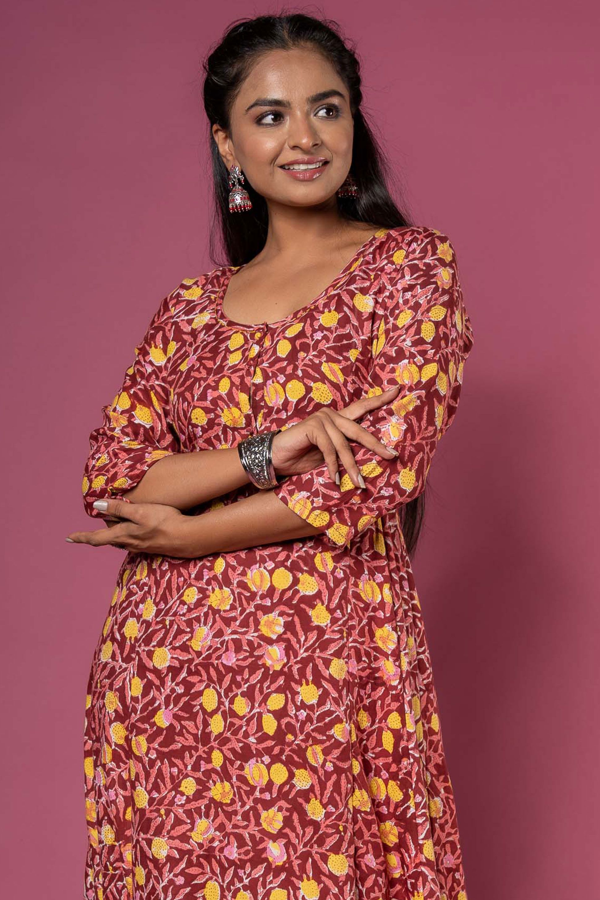 Maroon Block Printed Anarkali Kurta