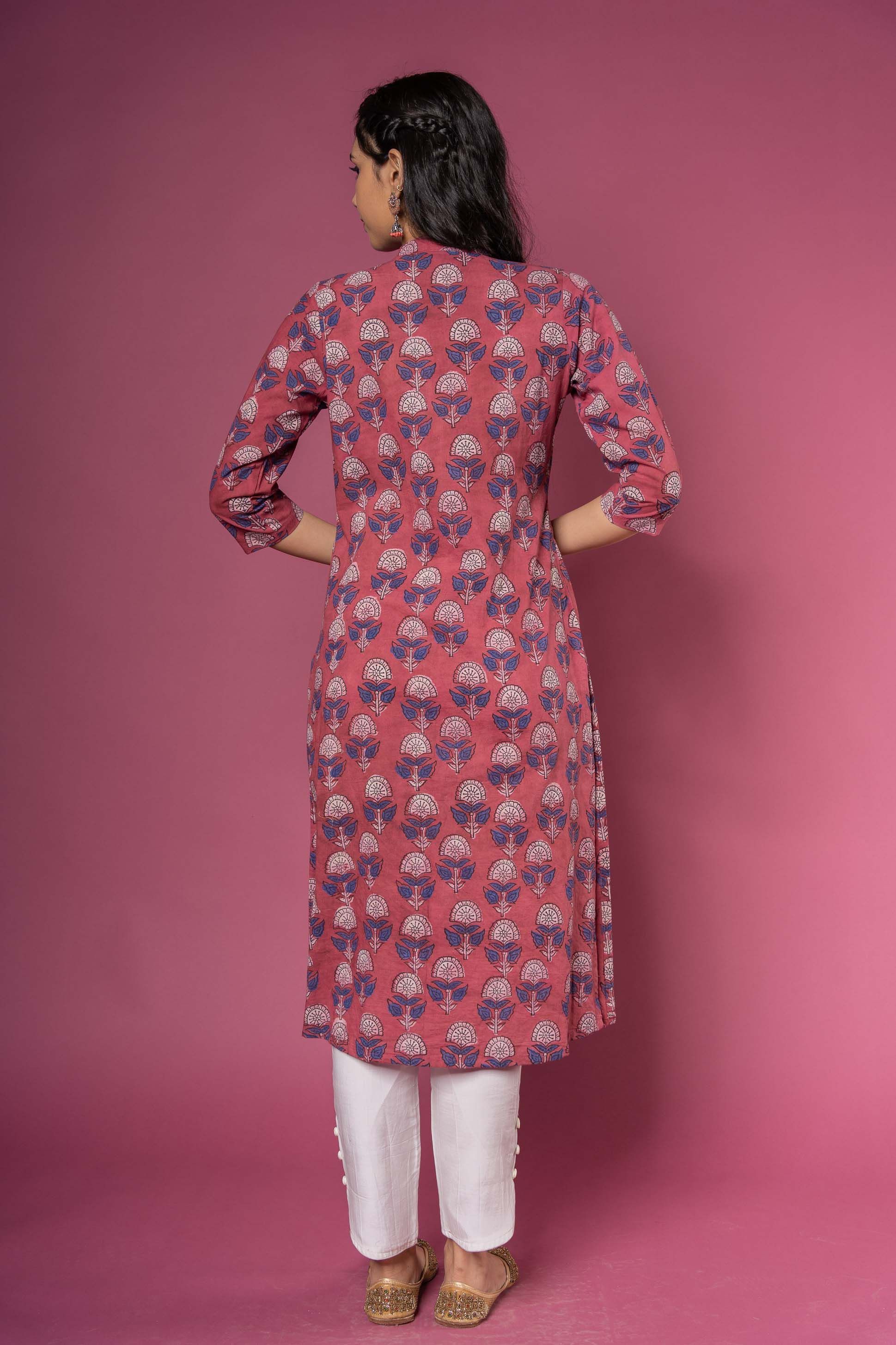 Rose Wine Block Printed Kurta 