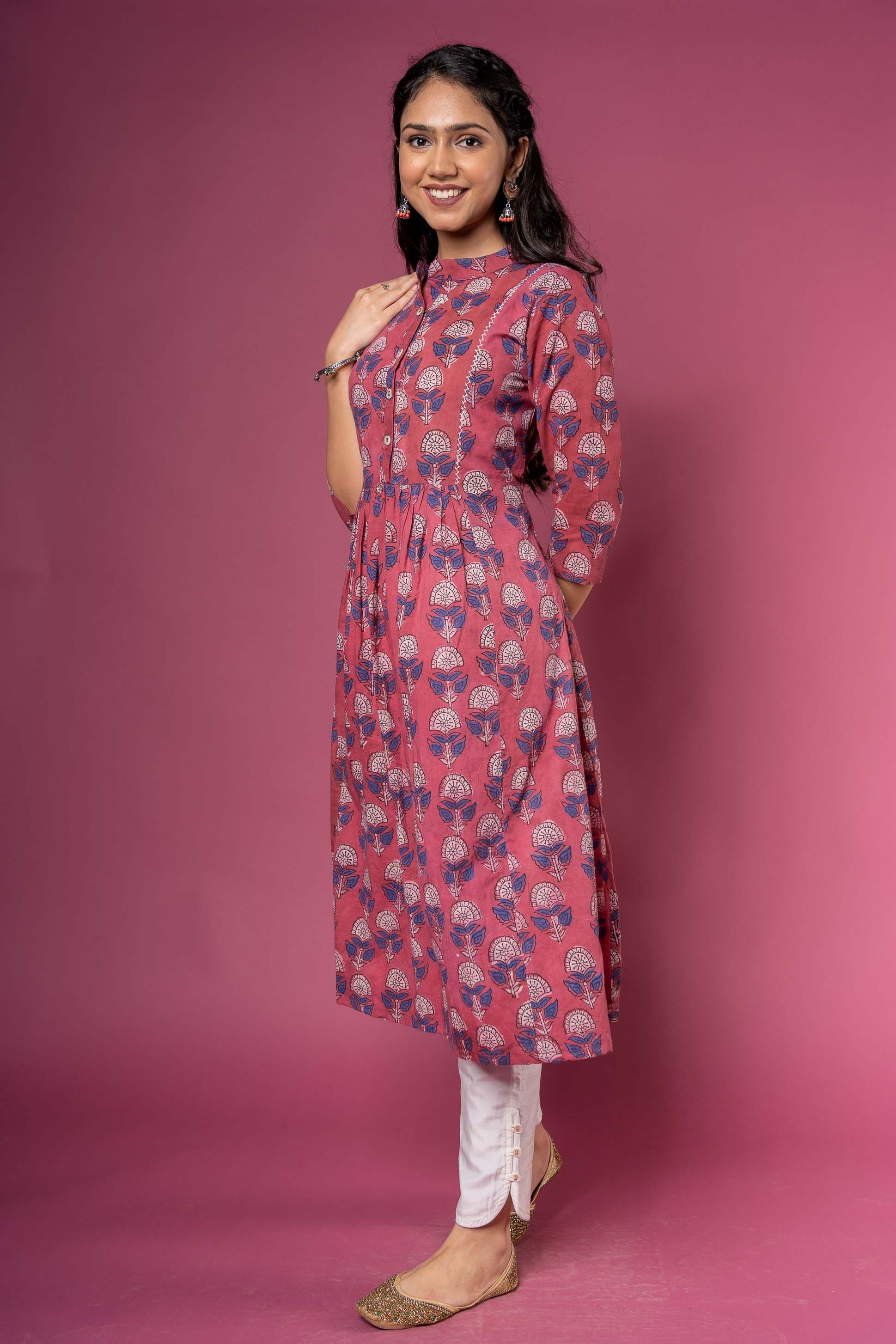 Rose Wine Block Printed Kurta 