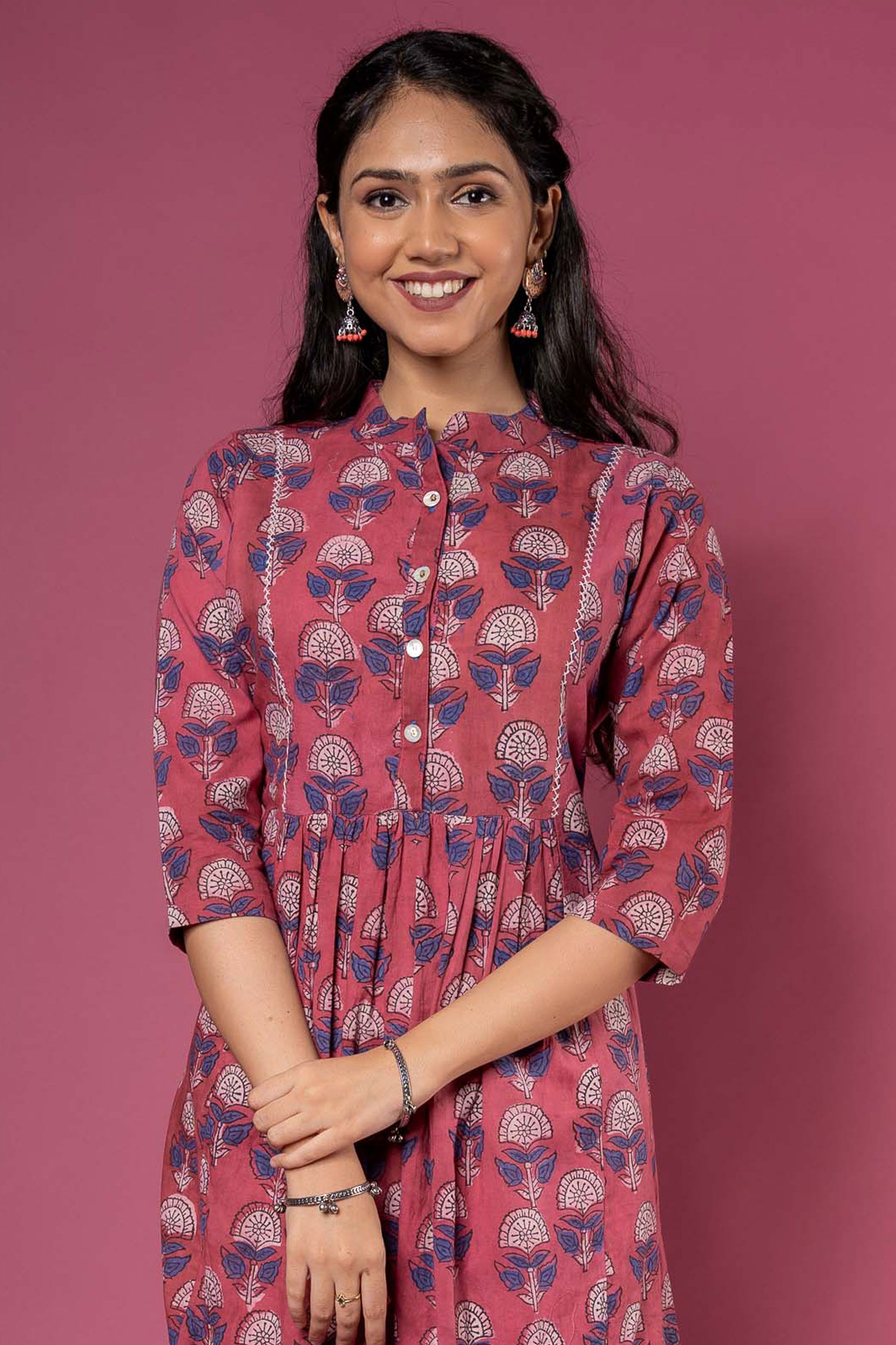 Rose Wine Block Printed Kurta 