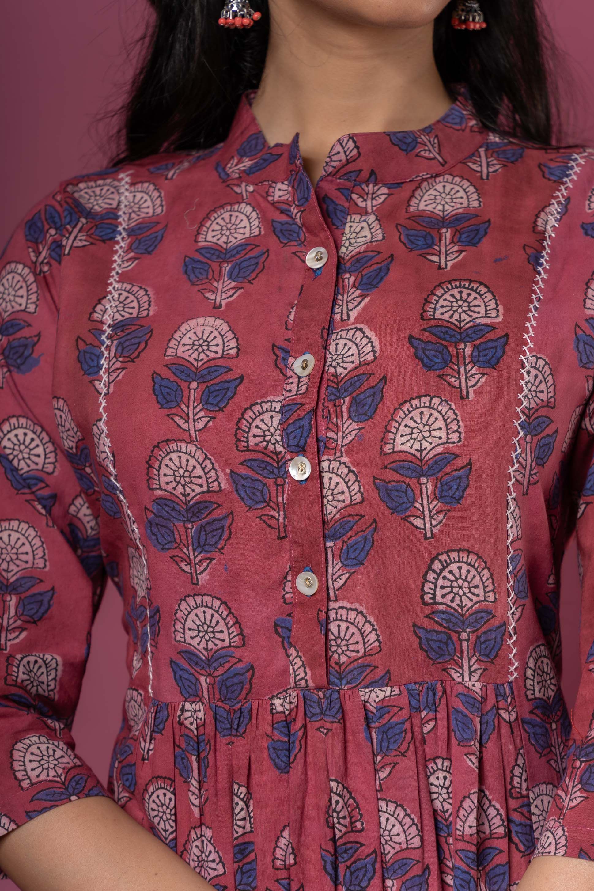 Rose Wine Block Printed Kurta 