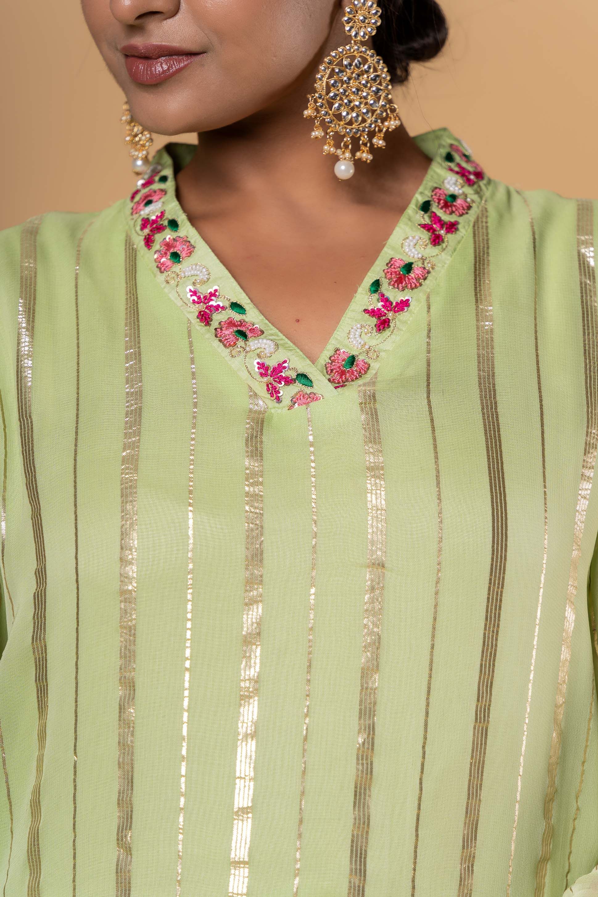 Gourd Green Zari Kurta Palazzo 