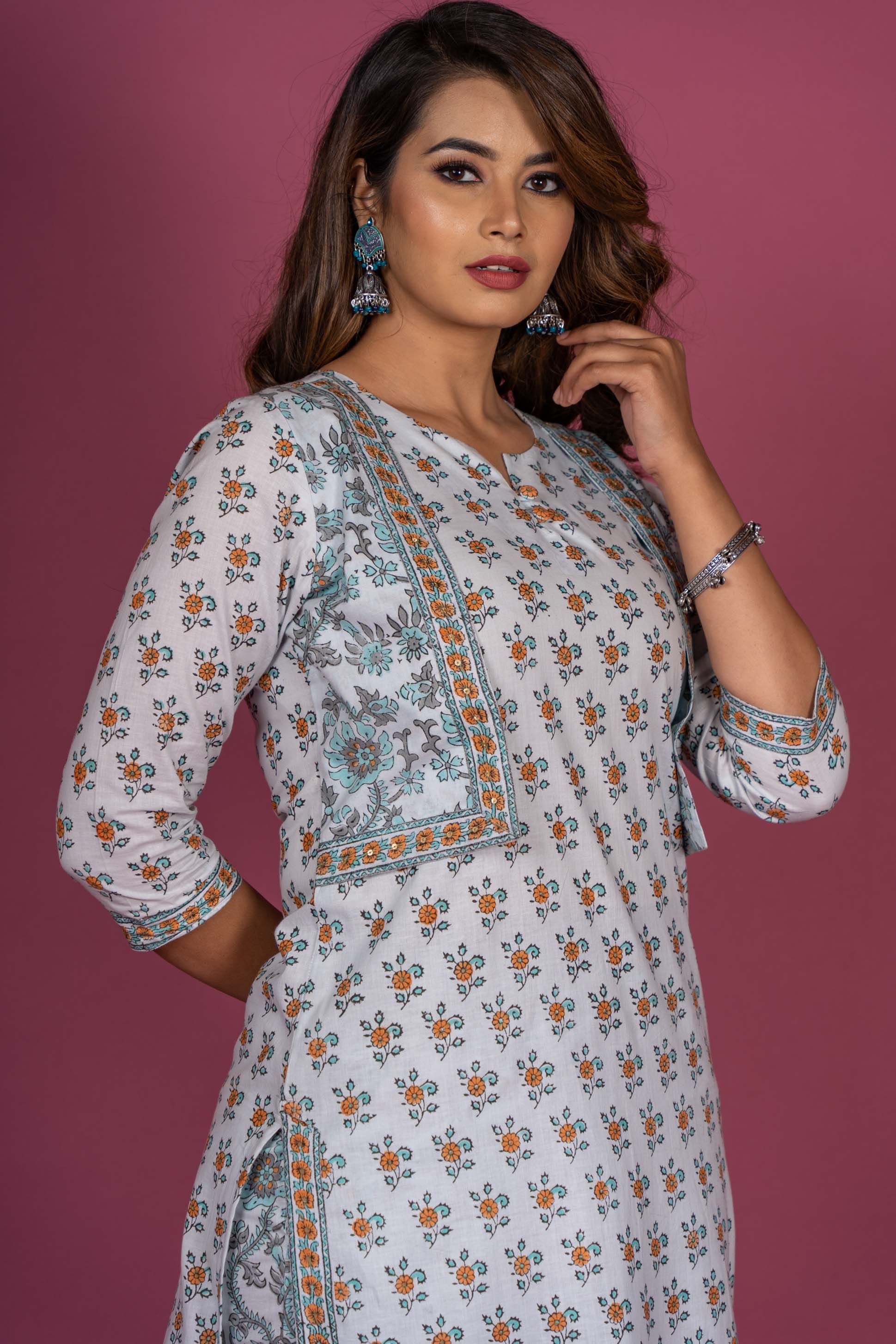 Mist Blue Floral Block Printed Kurta 