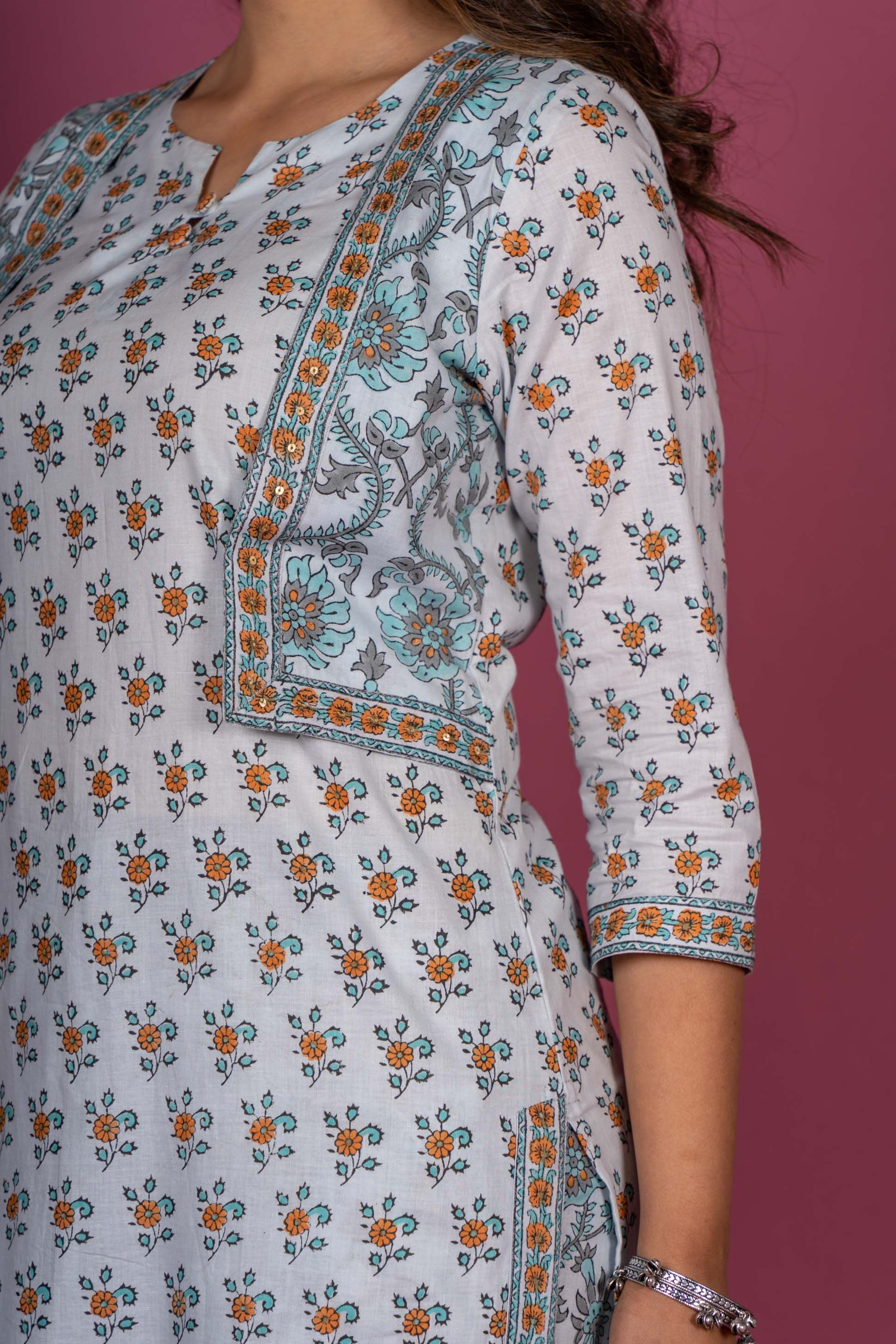 Mist Blue Floral Block Printed Kurta 