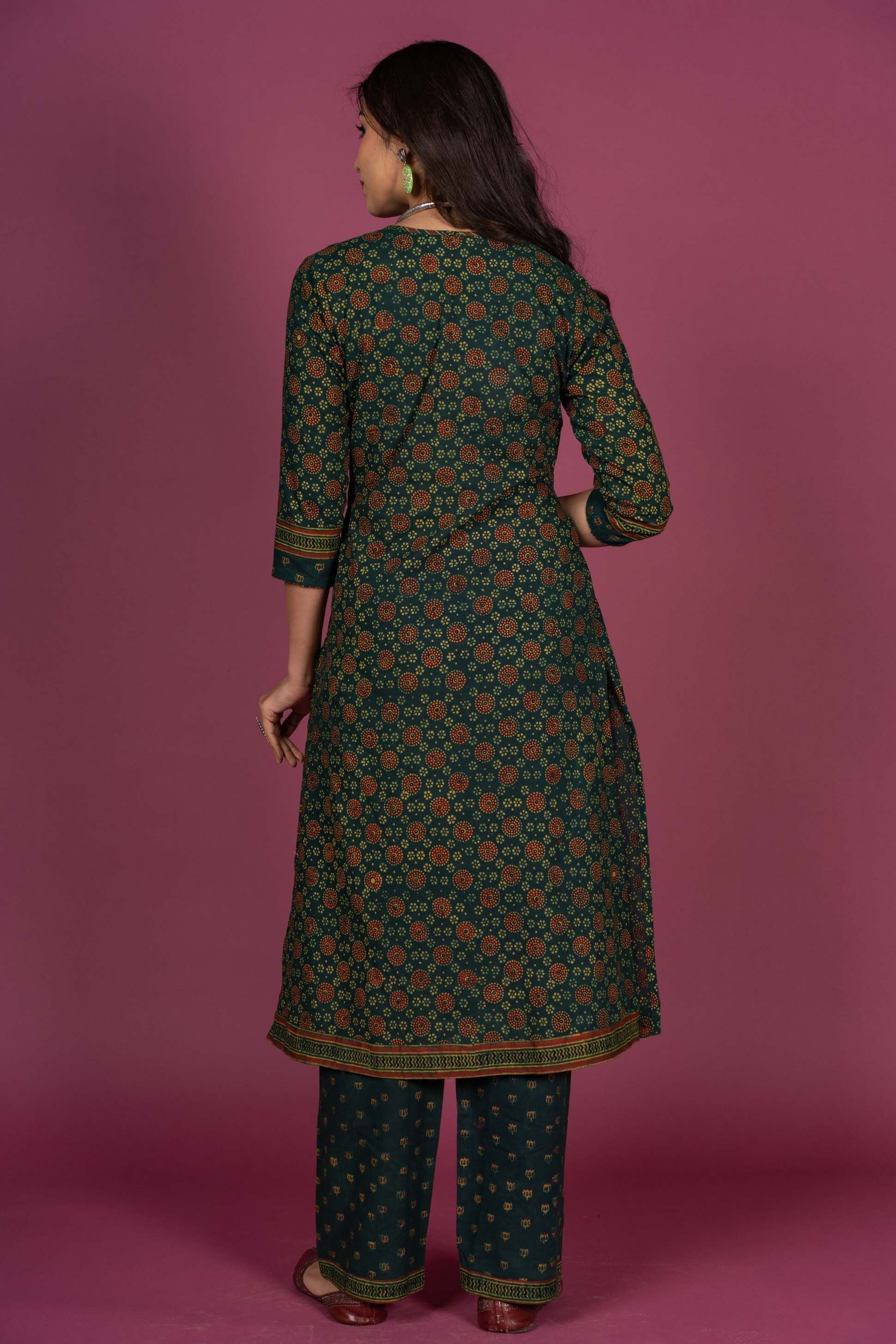 Green Ajrakh Block Printed Kurta 