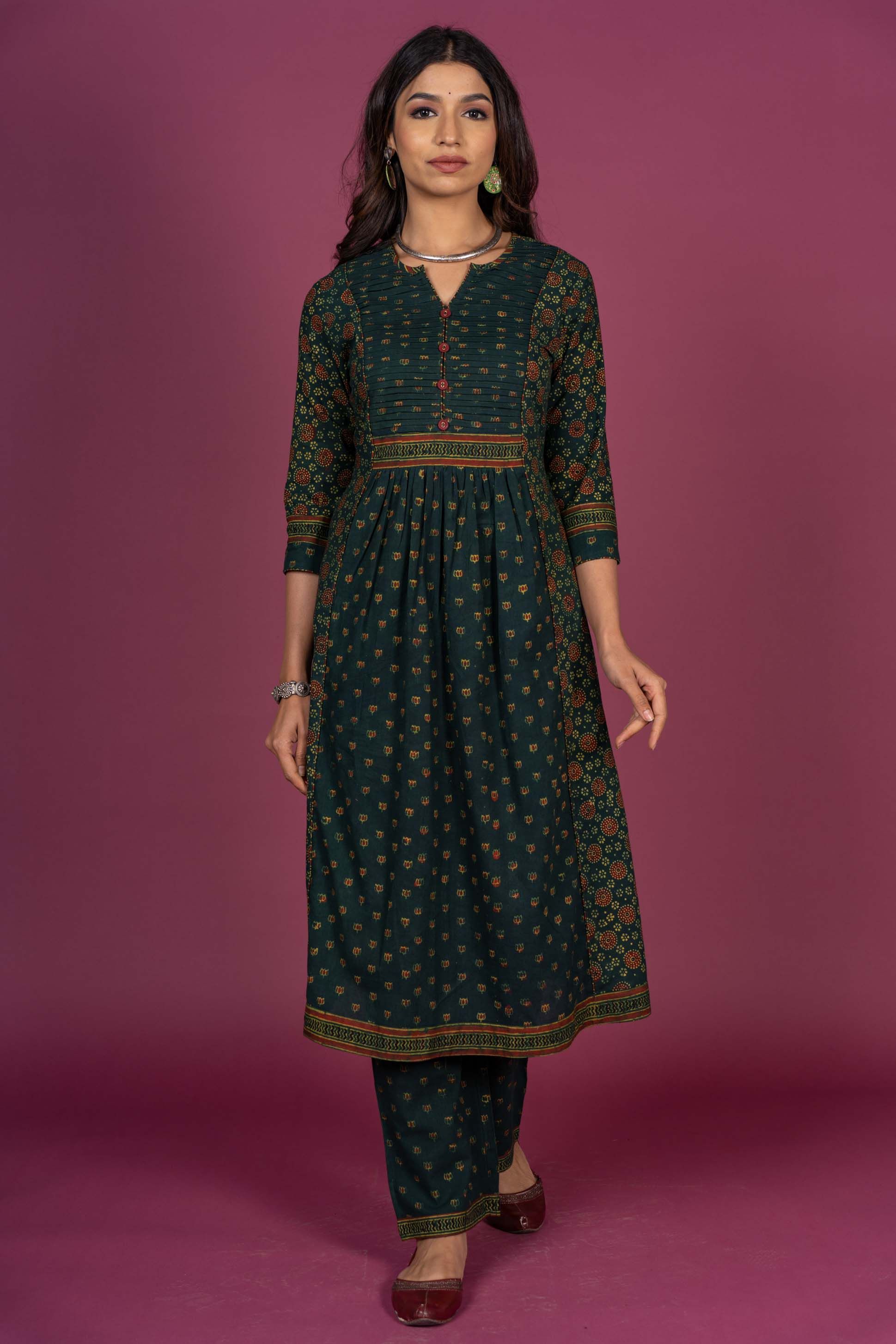 Green Ajrakh Block Printed Kurta 