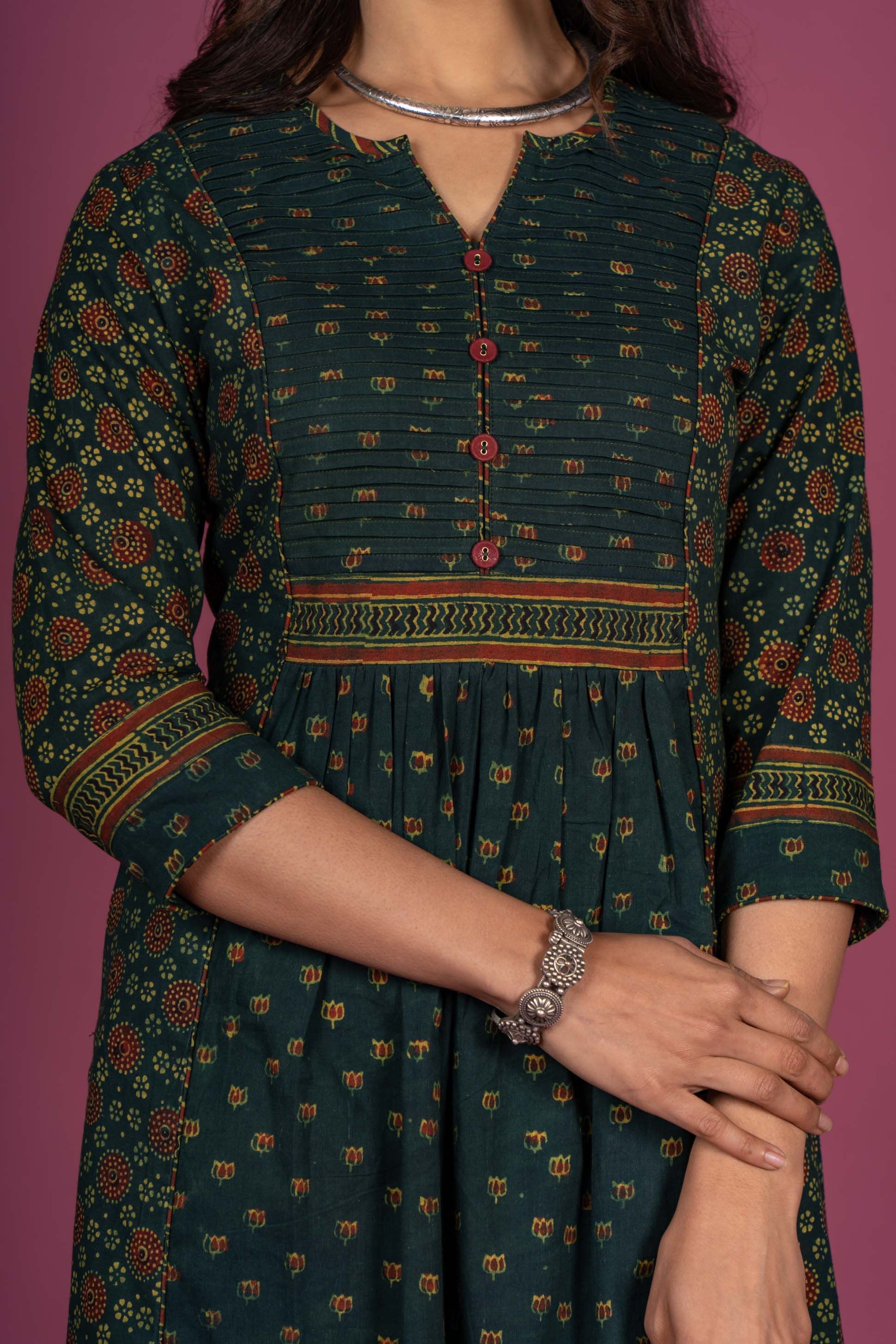 Green Ajrakh Block Printed Kurta 