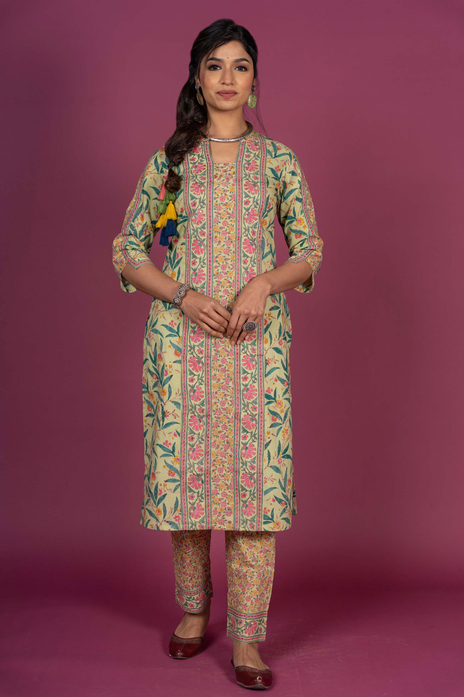 Ash Green Block Printed Kurta 