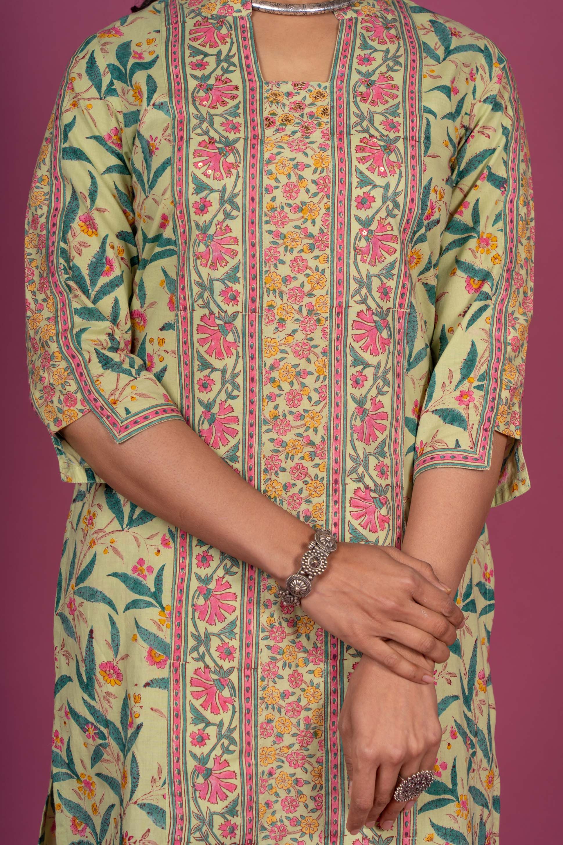 Ash Green Block Printed Kurta 