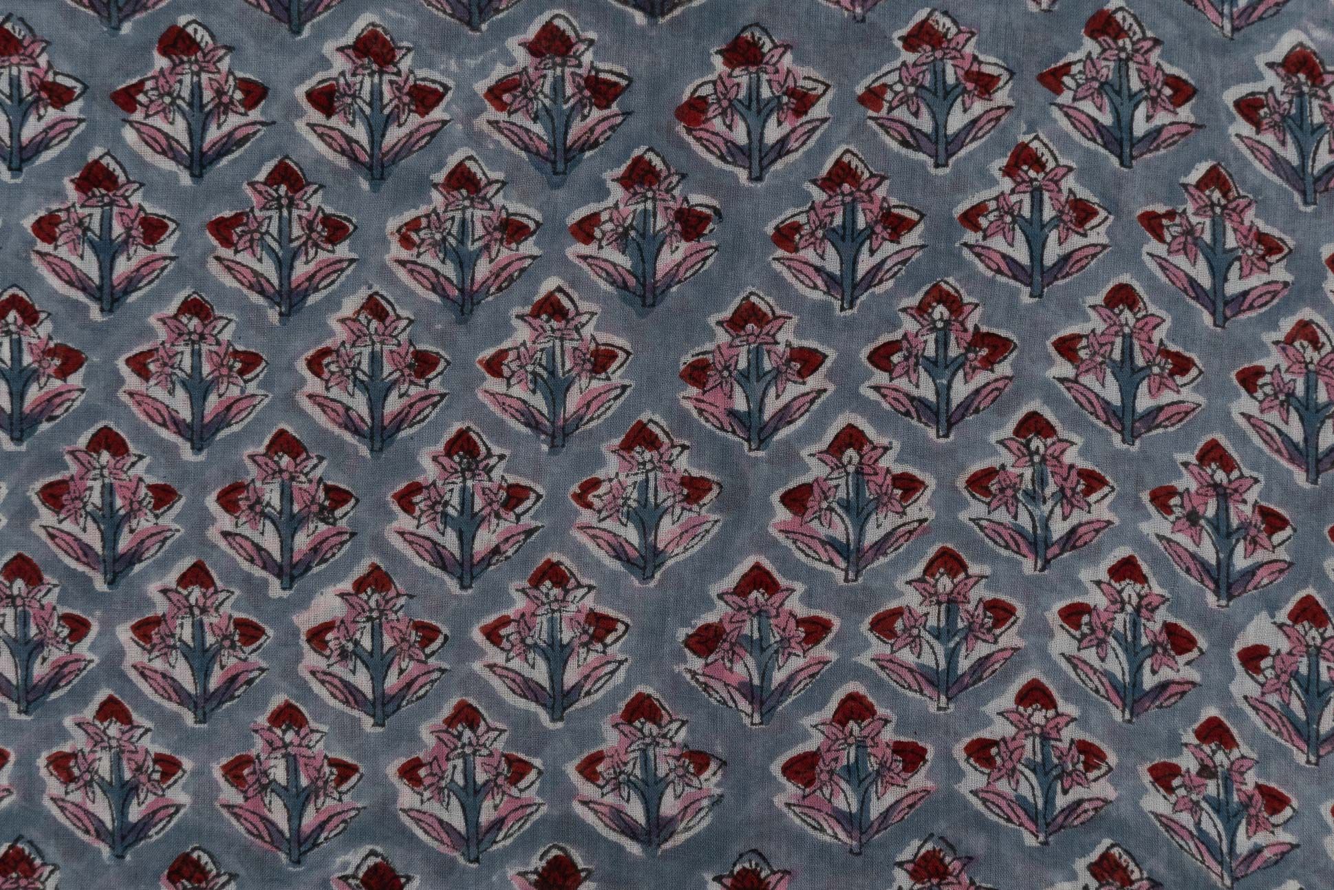 Slate Grey Hand Block Printed Mulmul Fabric