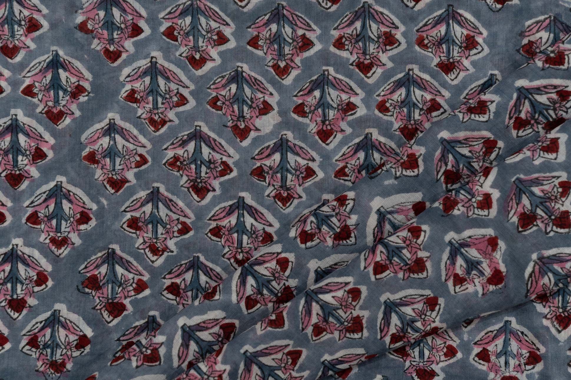 Slate Grey Hand Block Printed Mulmul Fabric