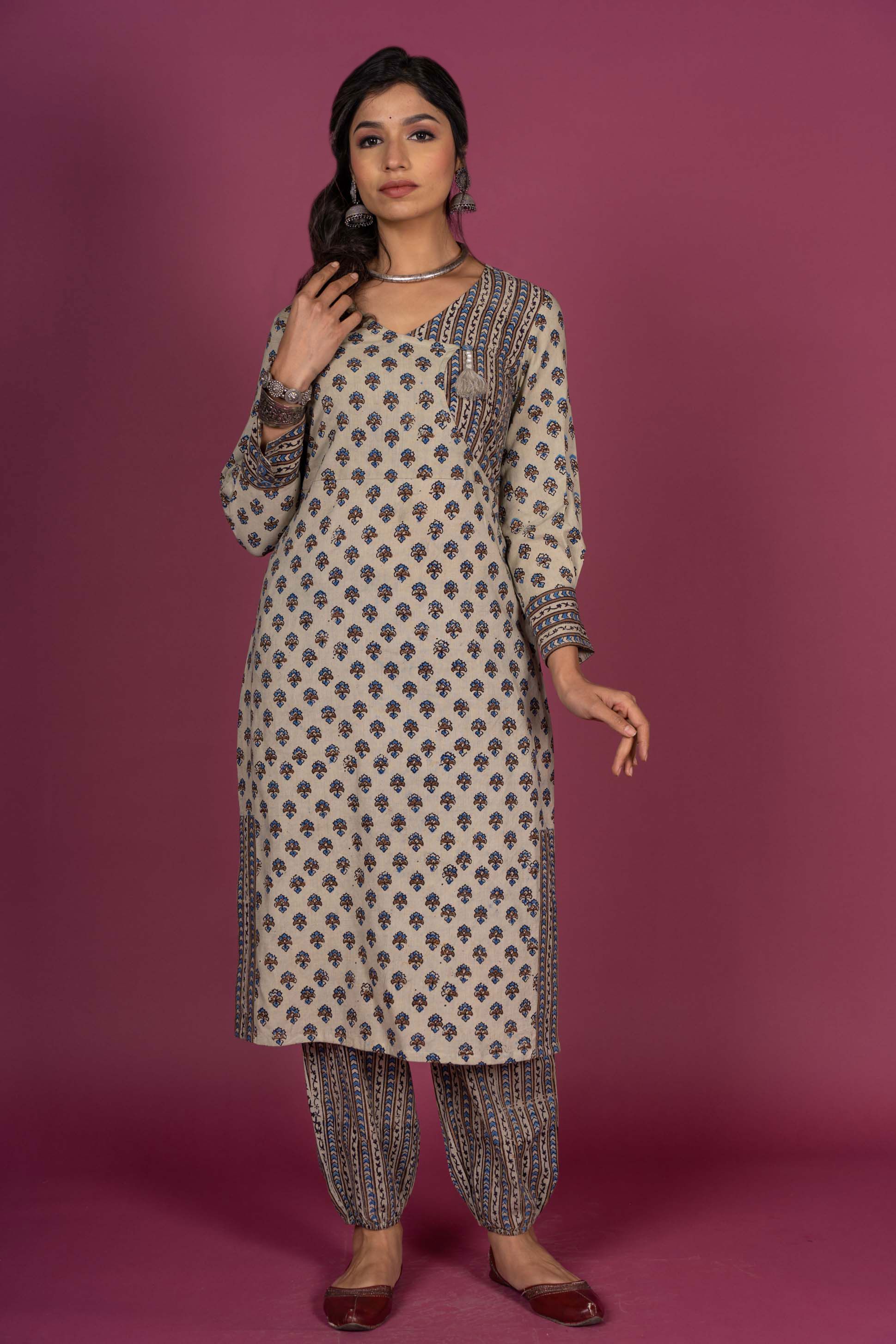 Seed Pearl Ajrakh Block Printed Kurta Set