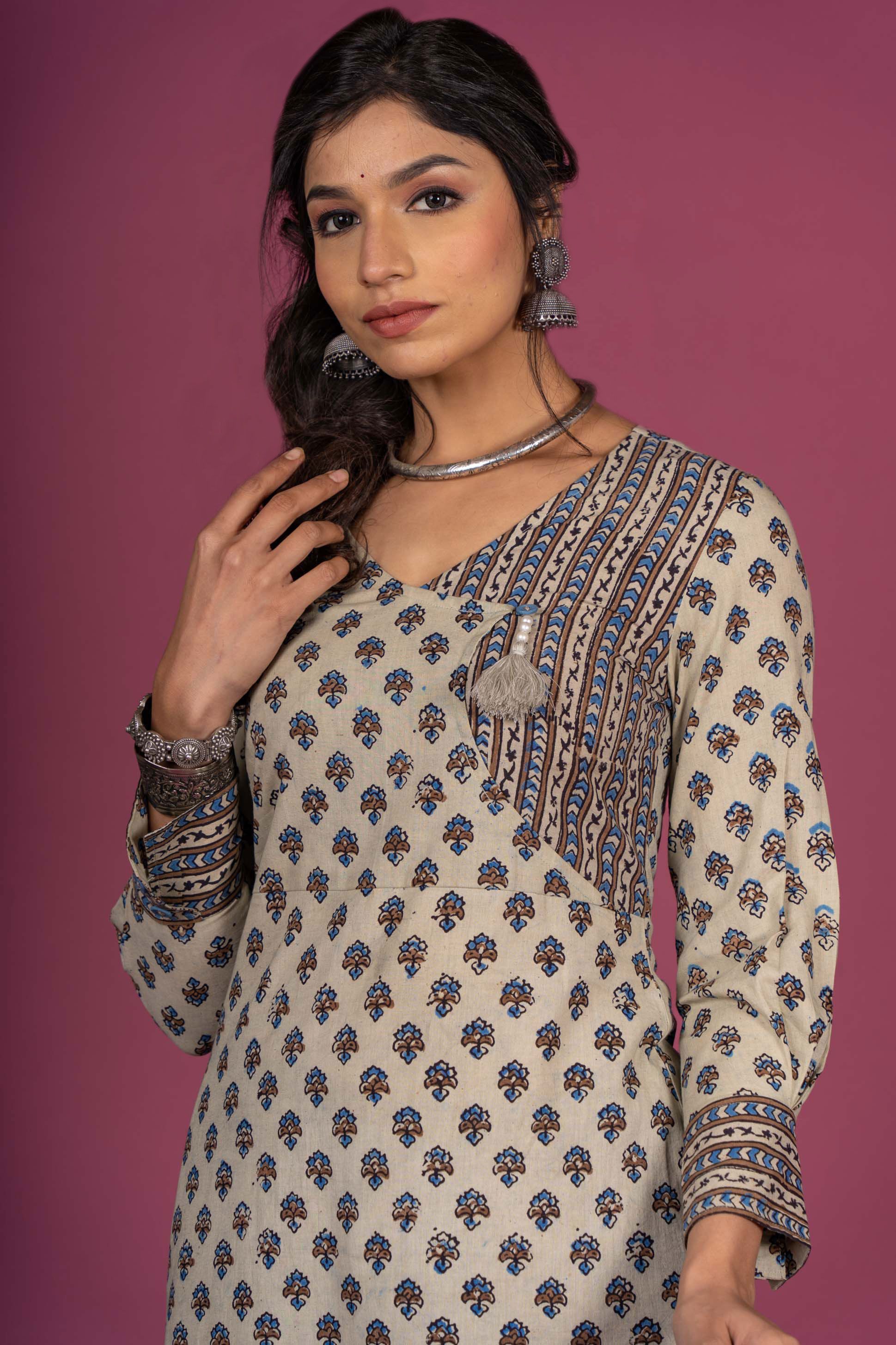 Seed Pearl Ajrakh Block Printed Kurta Set