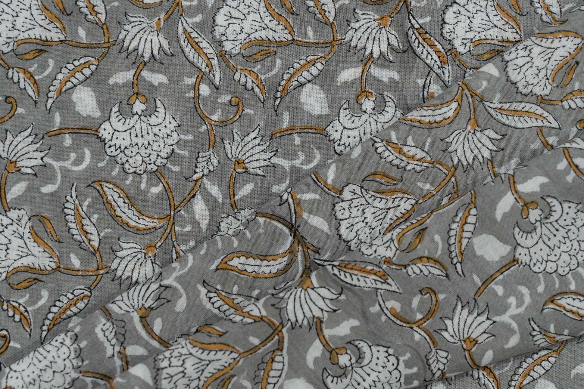 Silver Grey Hand Block Printed Cotton Fabric