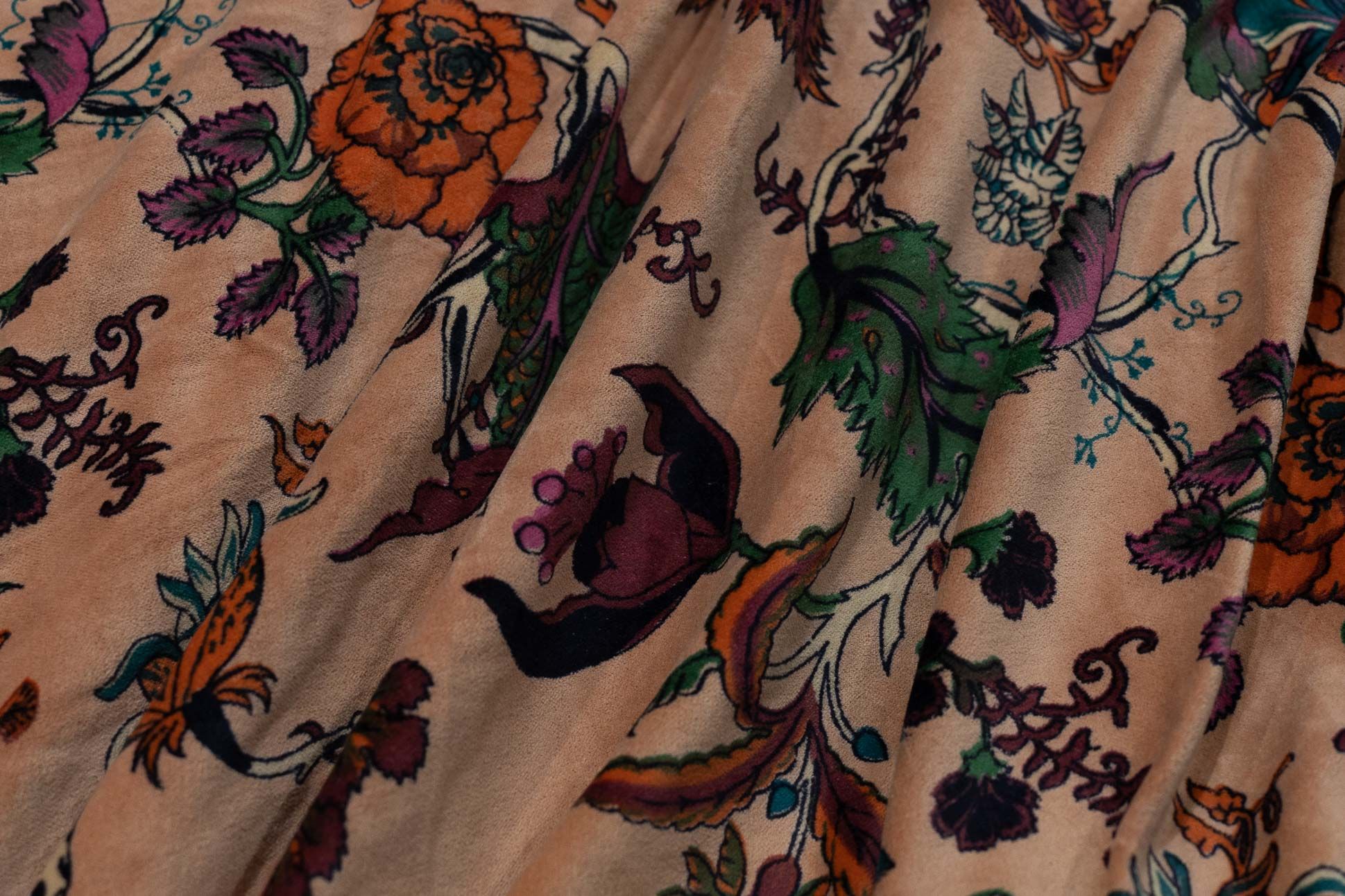 Peach Floral Print Velvet Fabric