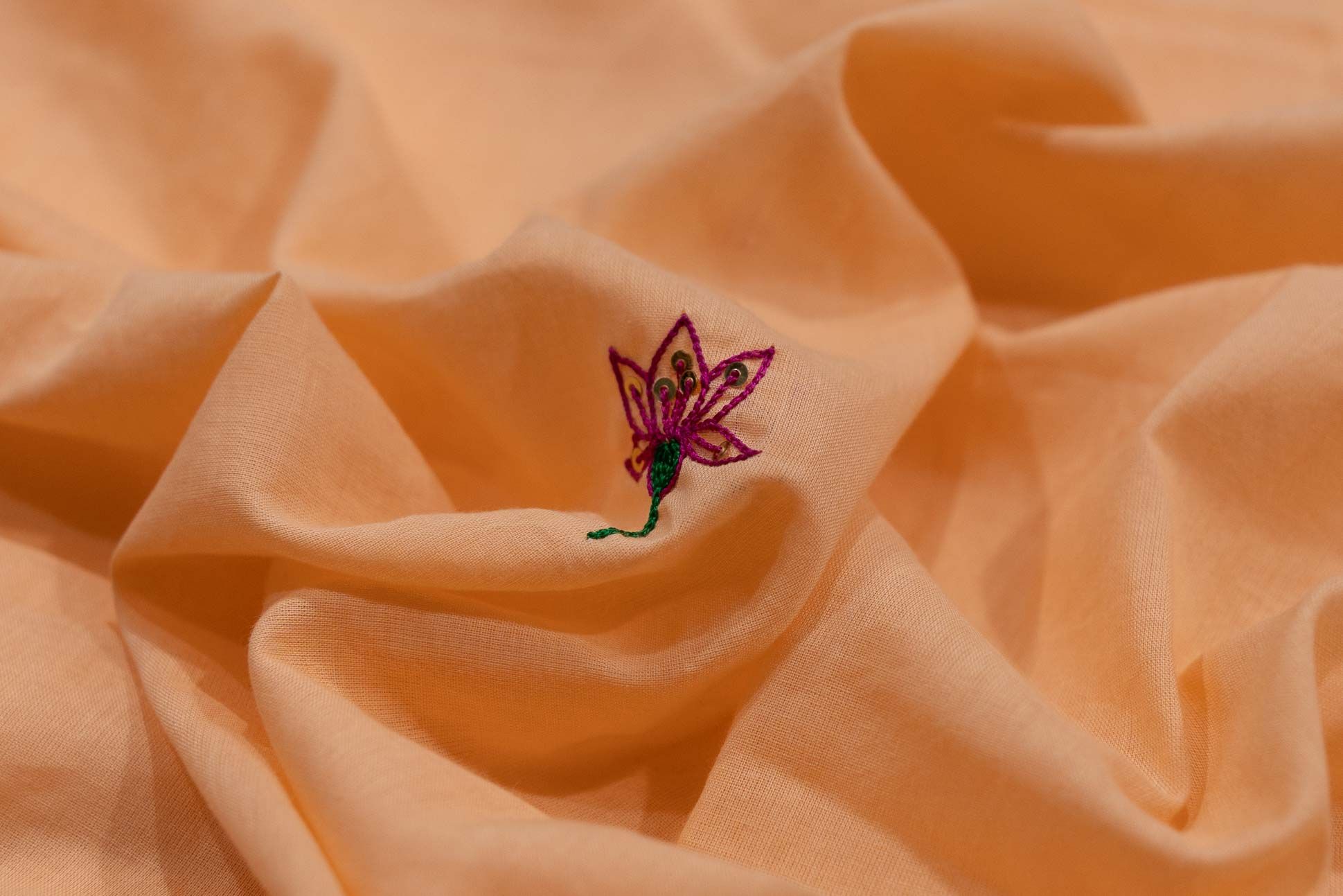 Cadmium Peach Embroidered Cotton Fabric