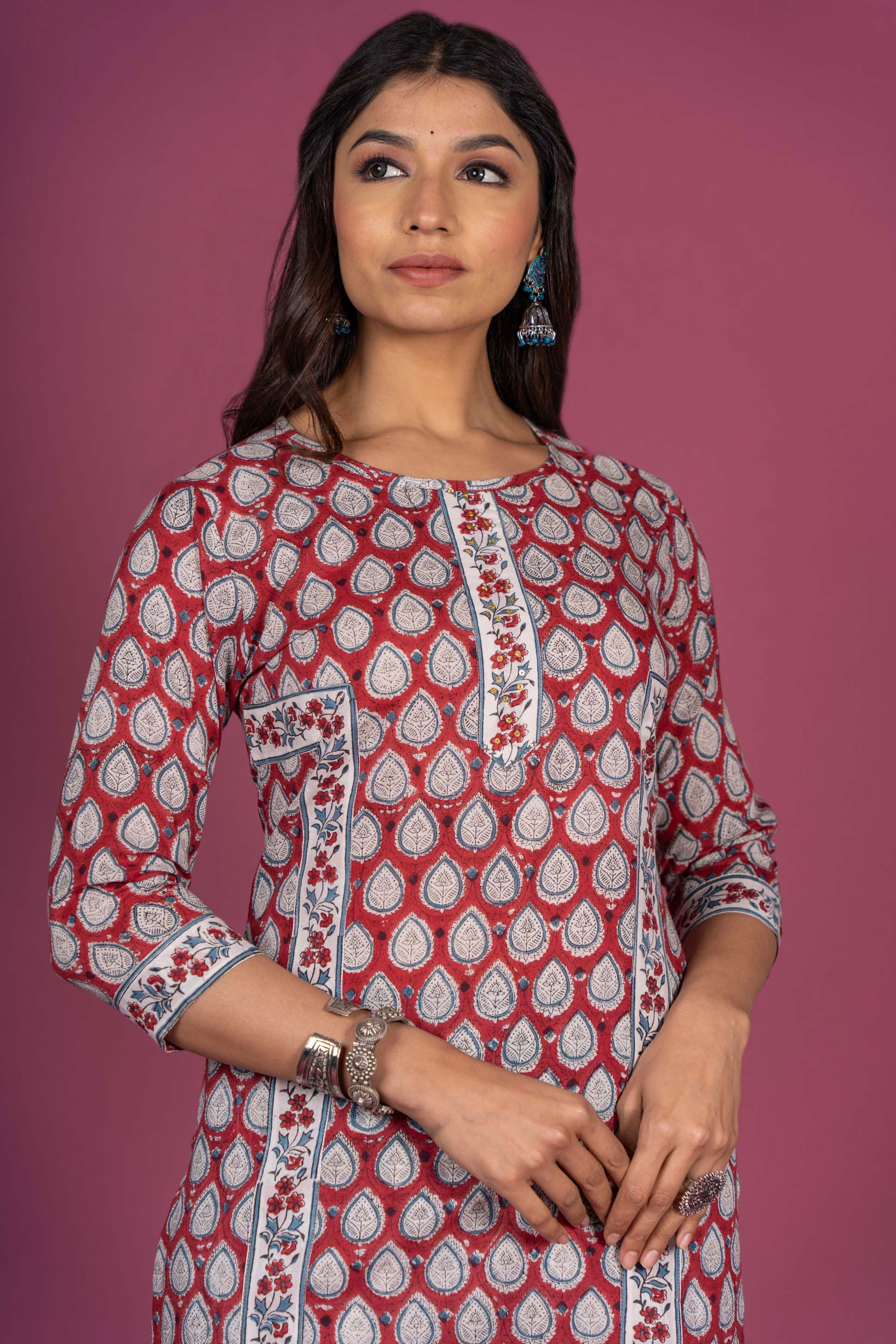 Cranberry Red Block Printed Kurta