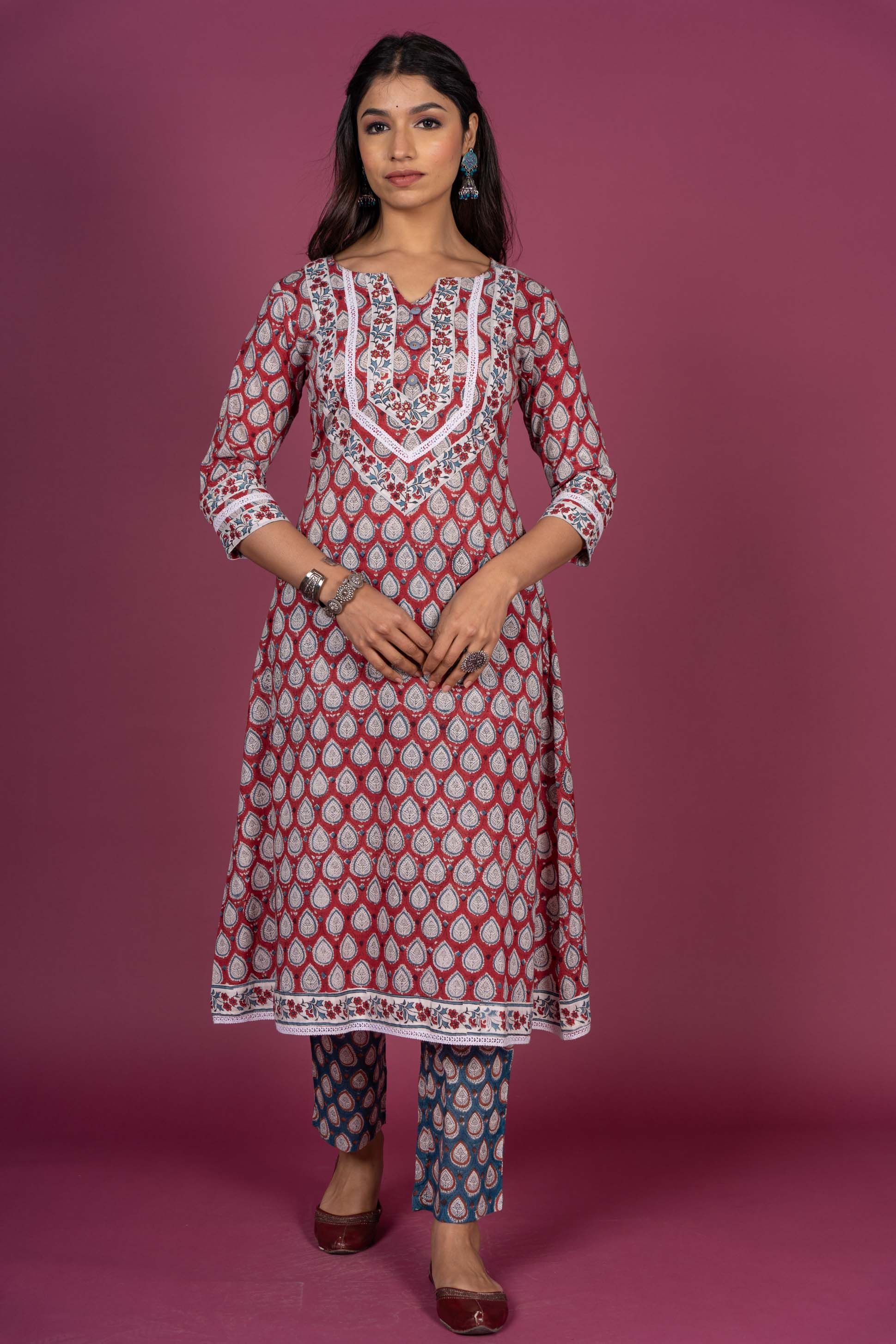 Cherry Red Block Printed Kurta Set