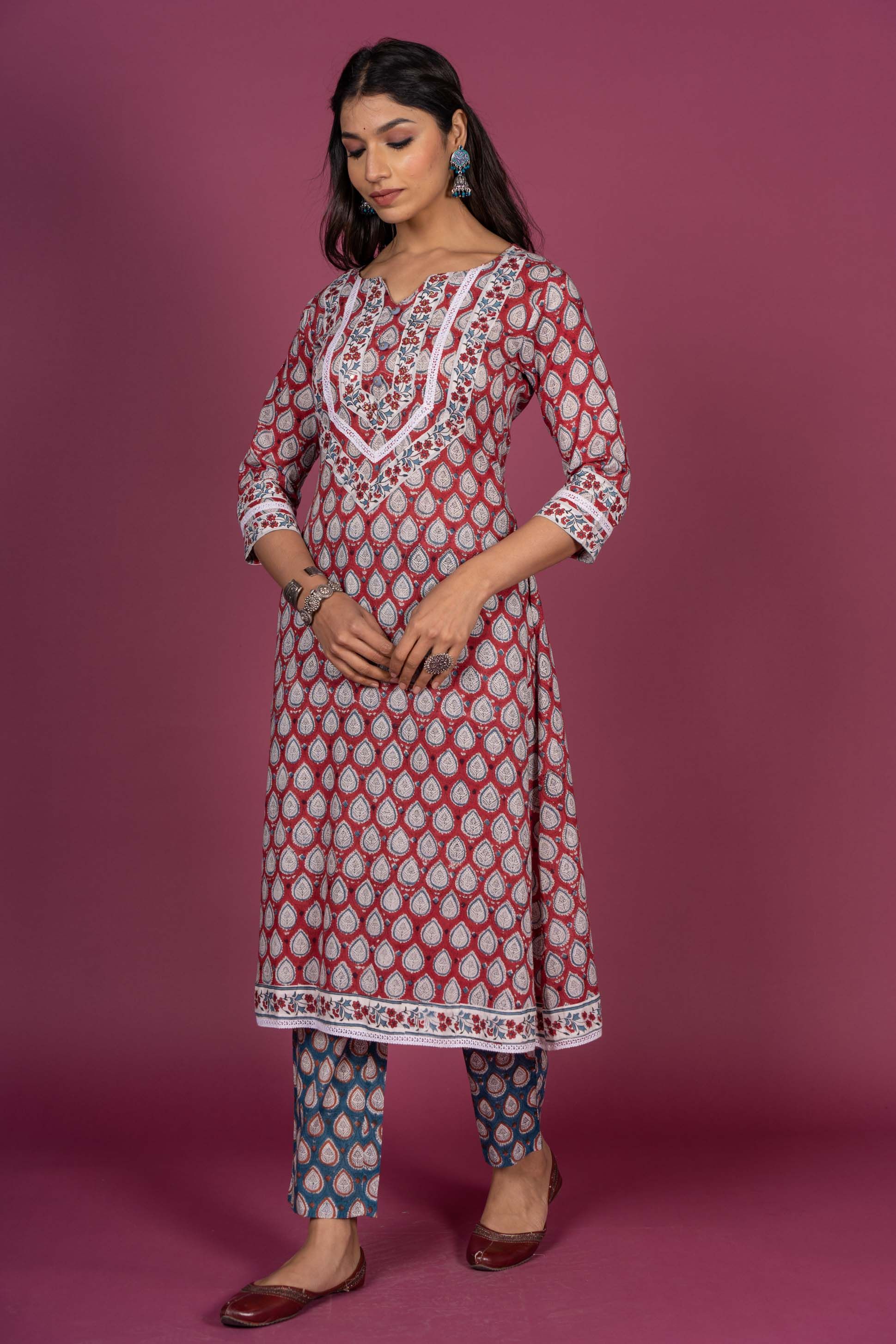 Cherry Red Block Printed Kurta Set