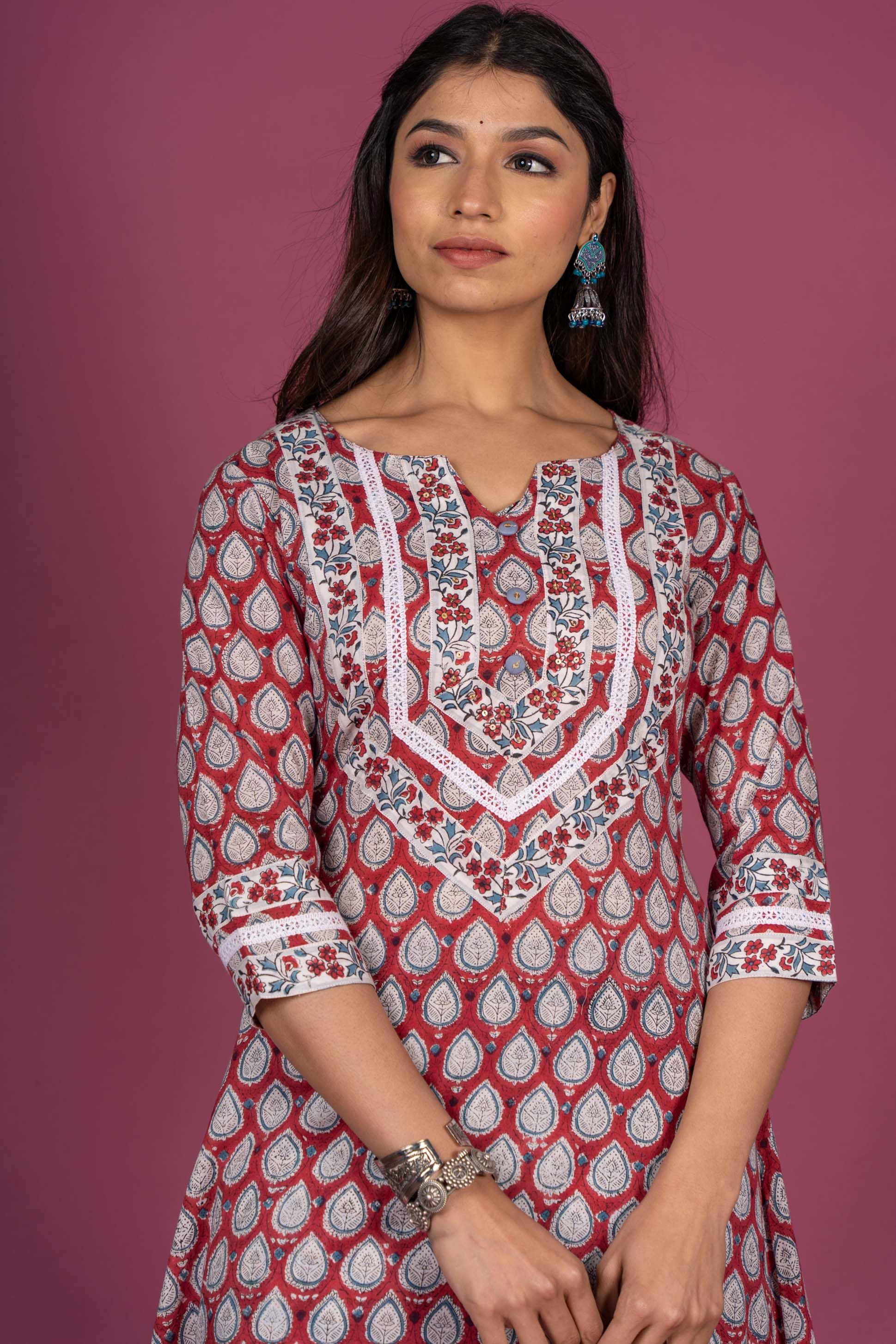 Cherry Red Block Printed Kurta Set