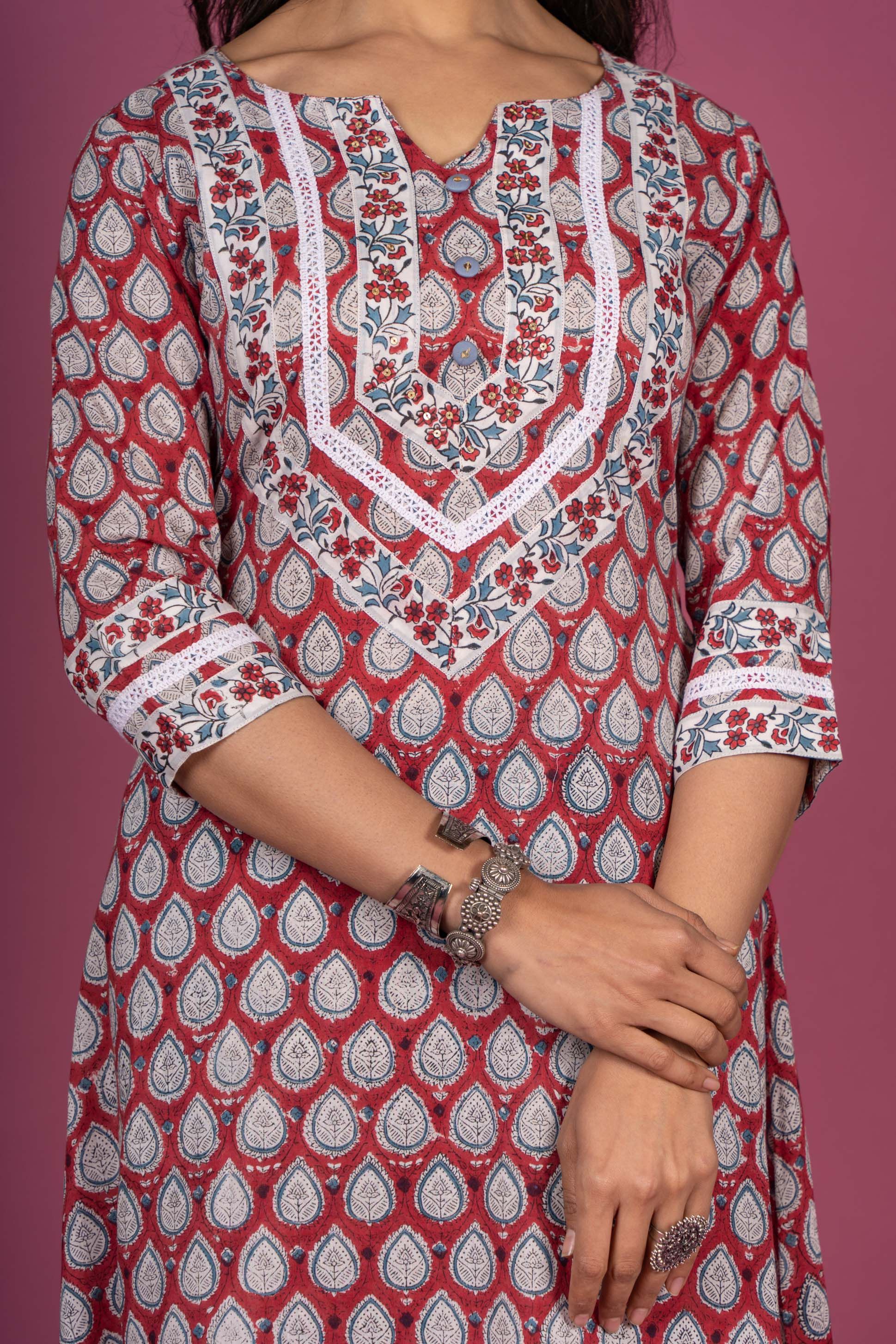 Cherry Red Block Printed Kurta Set