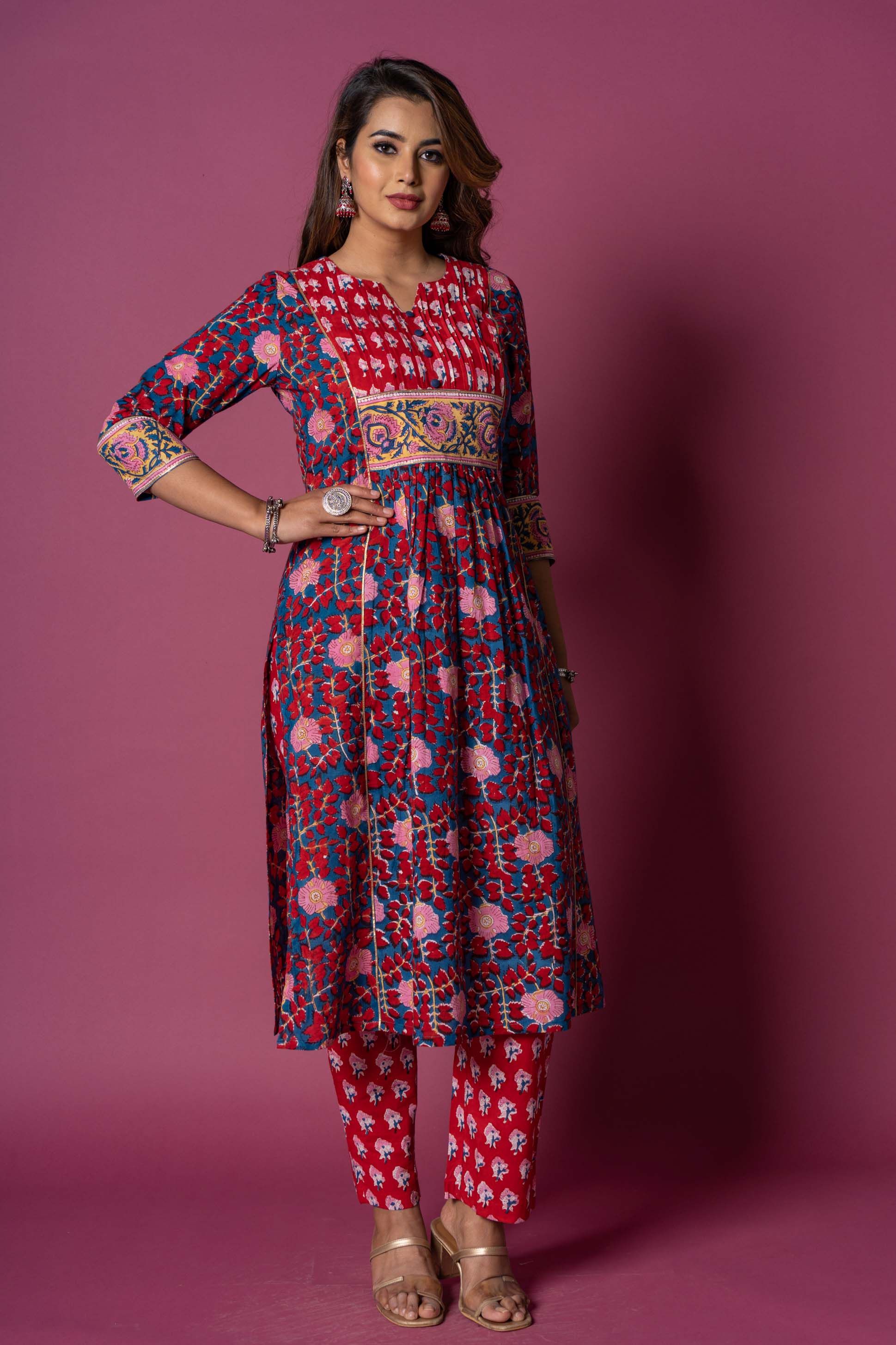 Poppy Red Block Printed Kurta