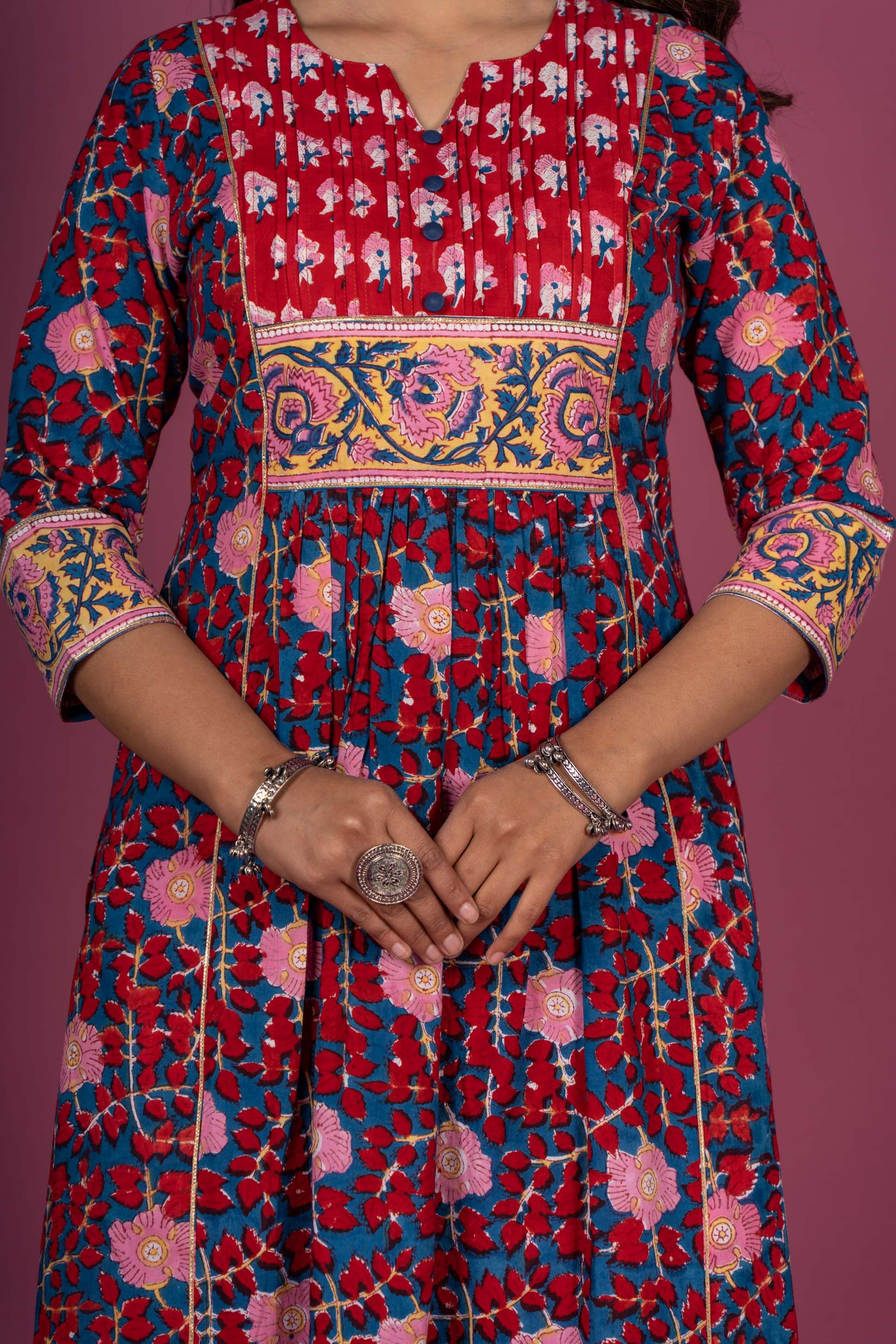 Poppy Red Block Printed Kurta