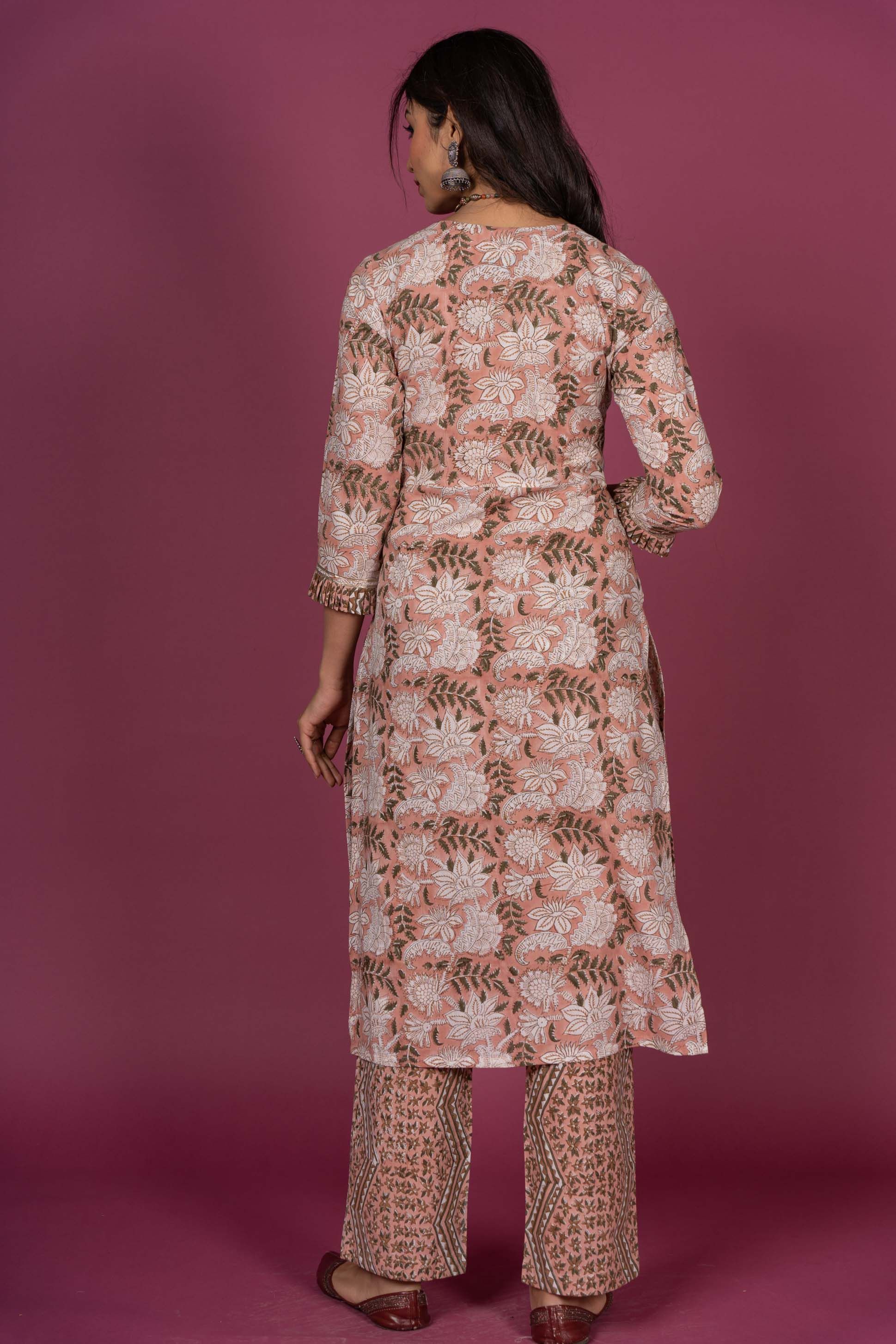 Peach Floral Block Printed Kurta 