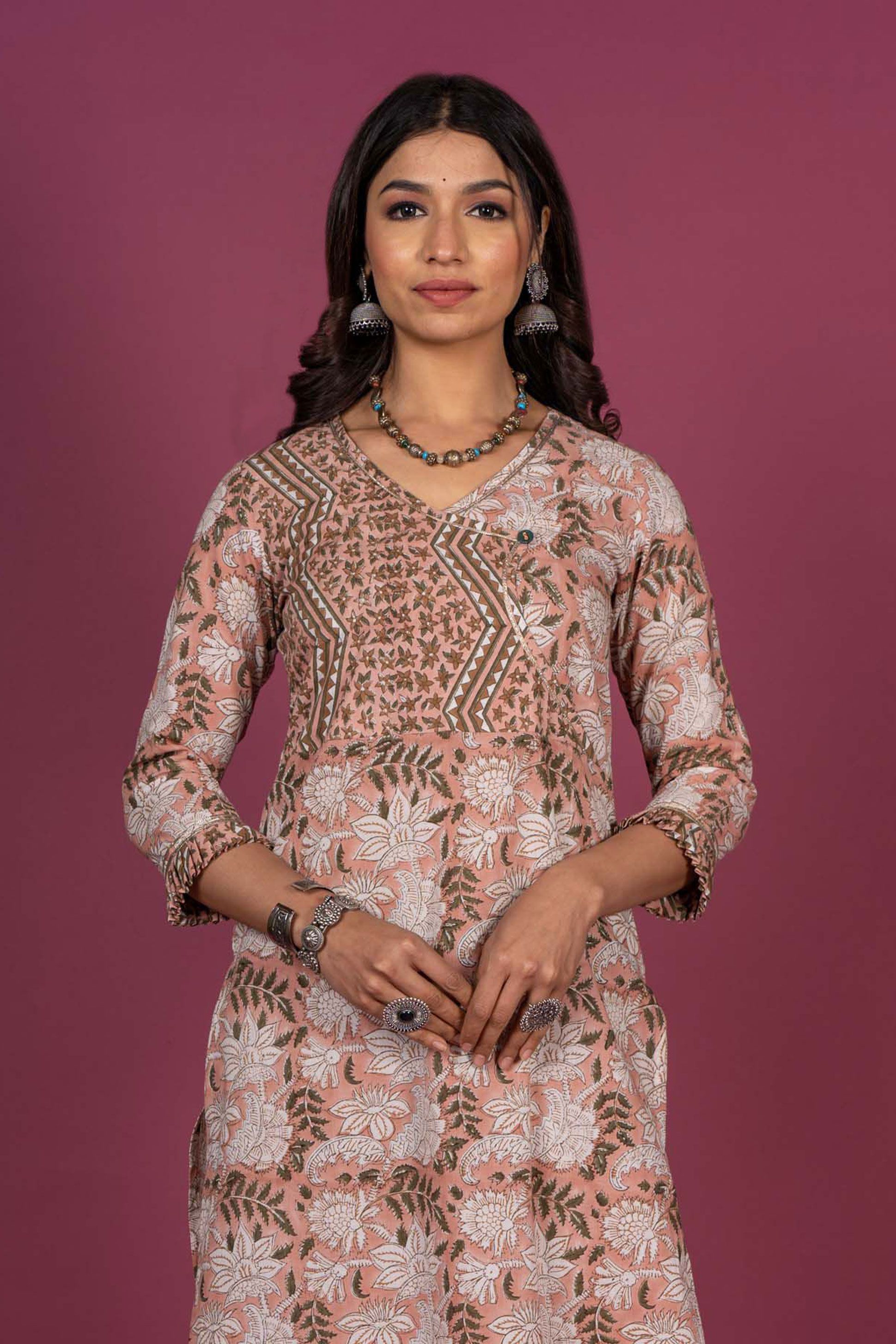 Peach Floral Block Printed Kurta 