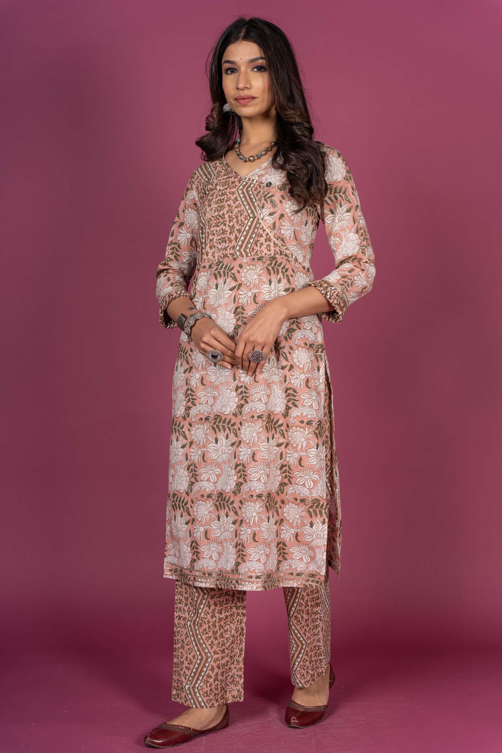 Peach Floral Block Printed Kurta 