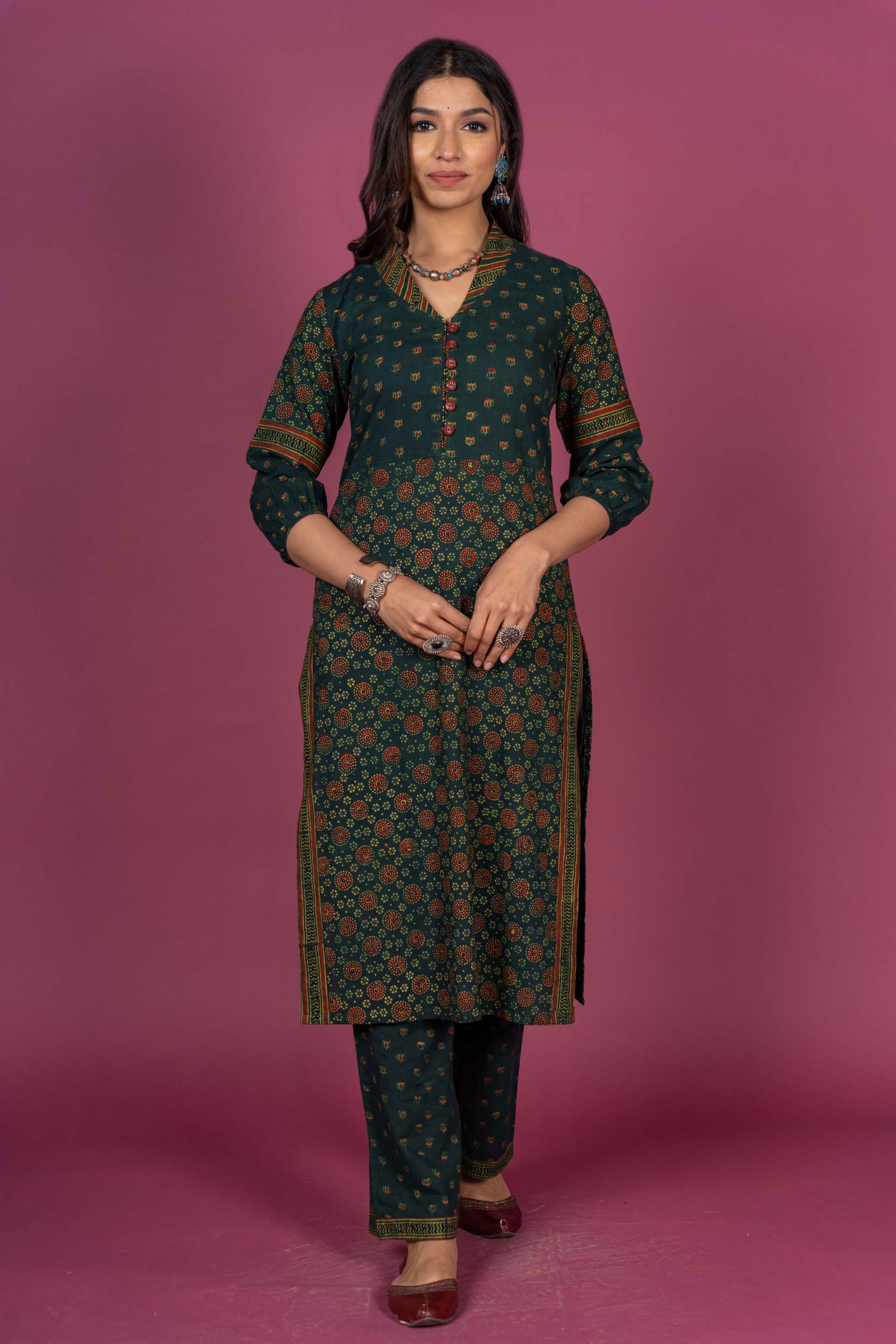 Elm Green Ajrakh Block Printed Kurta