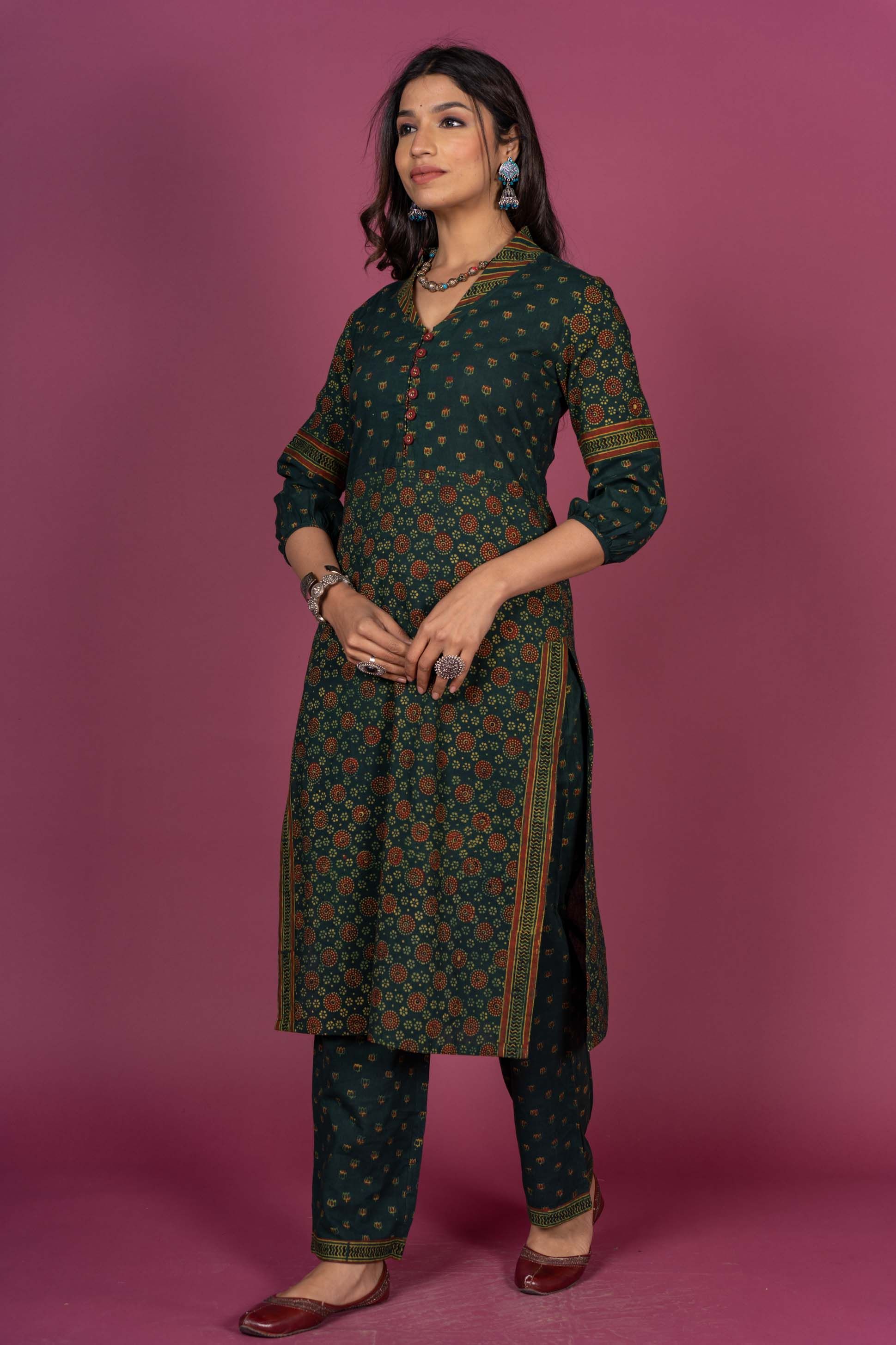 Elm Green Ajrakh Block Printed Kurta