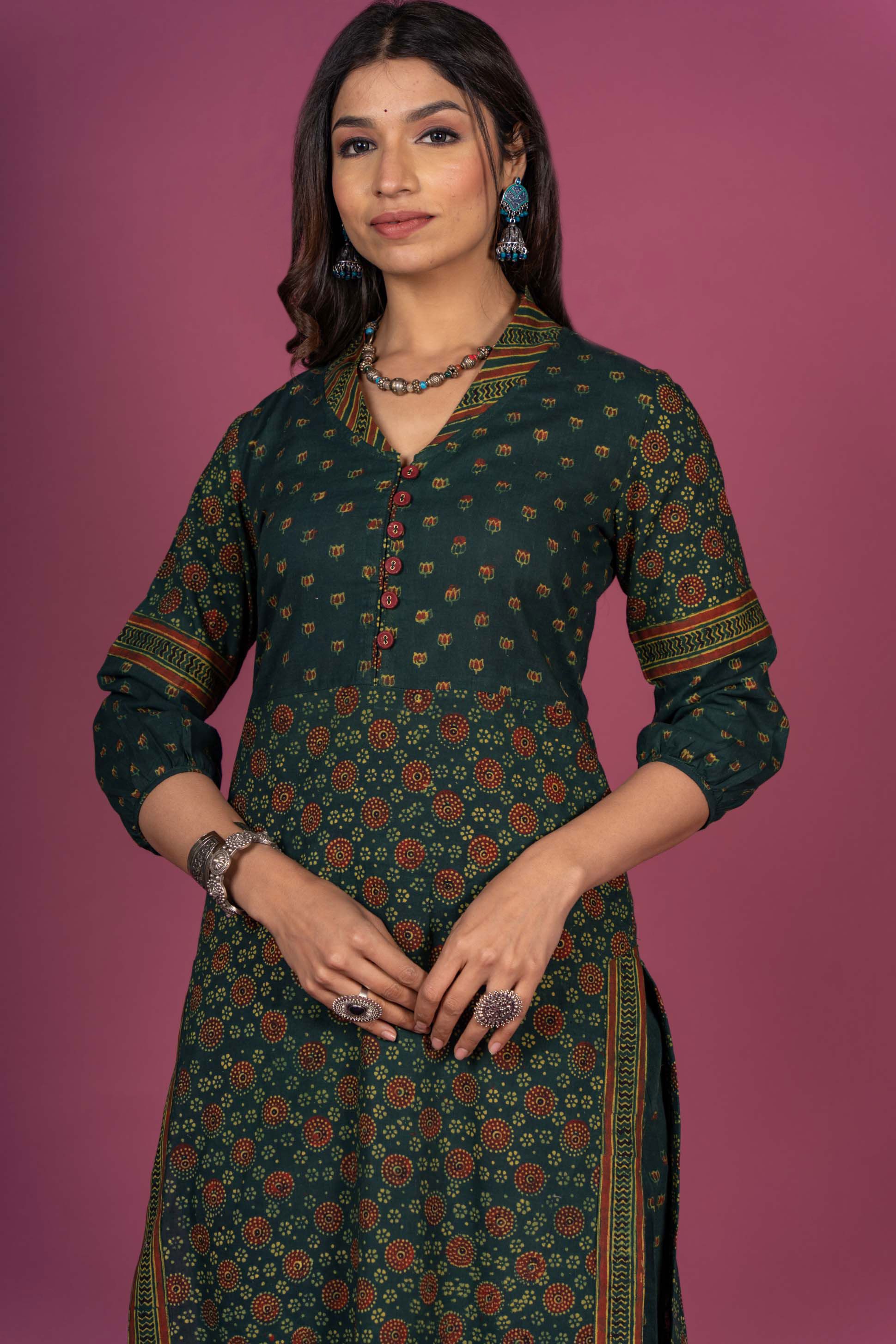 Elm Green Ajrakh Block Printed Kurta