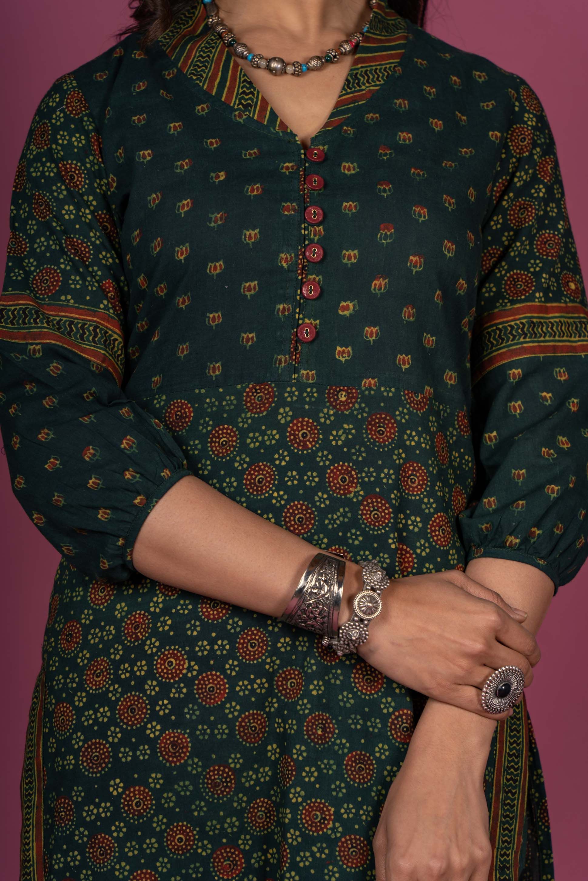 Elm Green Ajrakh Block Printed Kurta