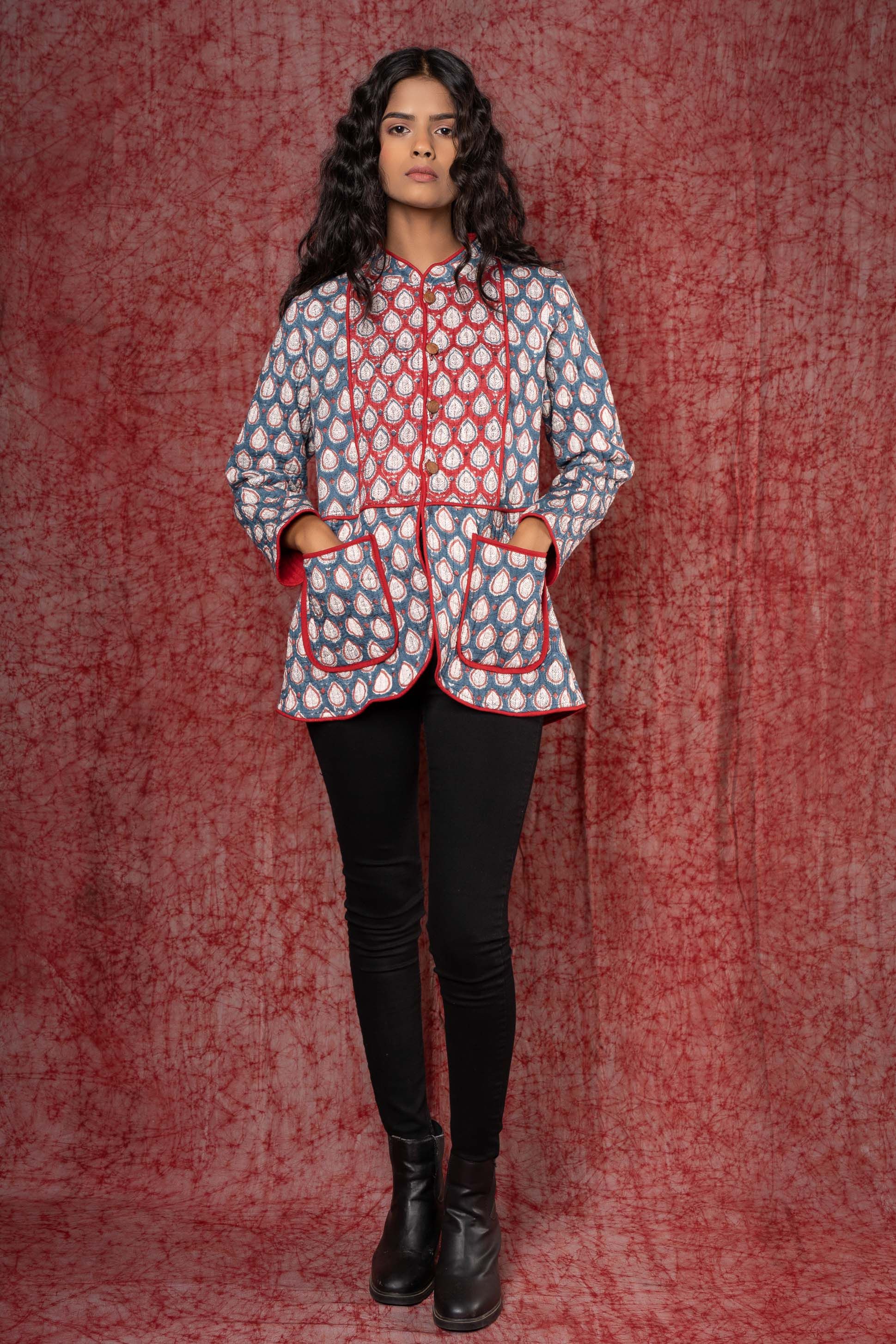 Blue Red Patch Block Printed Quilted Jacket