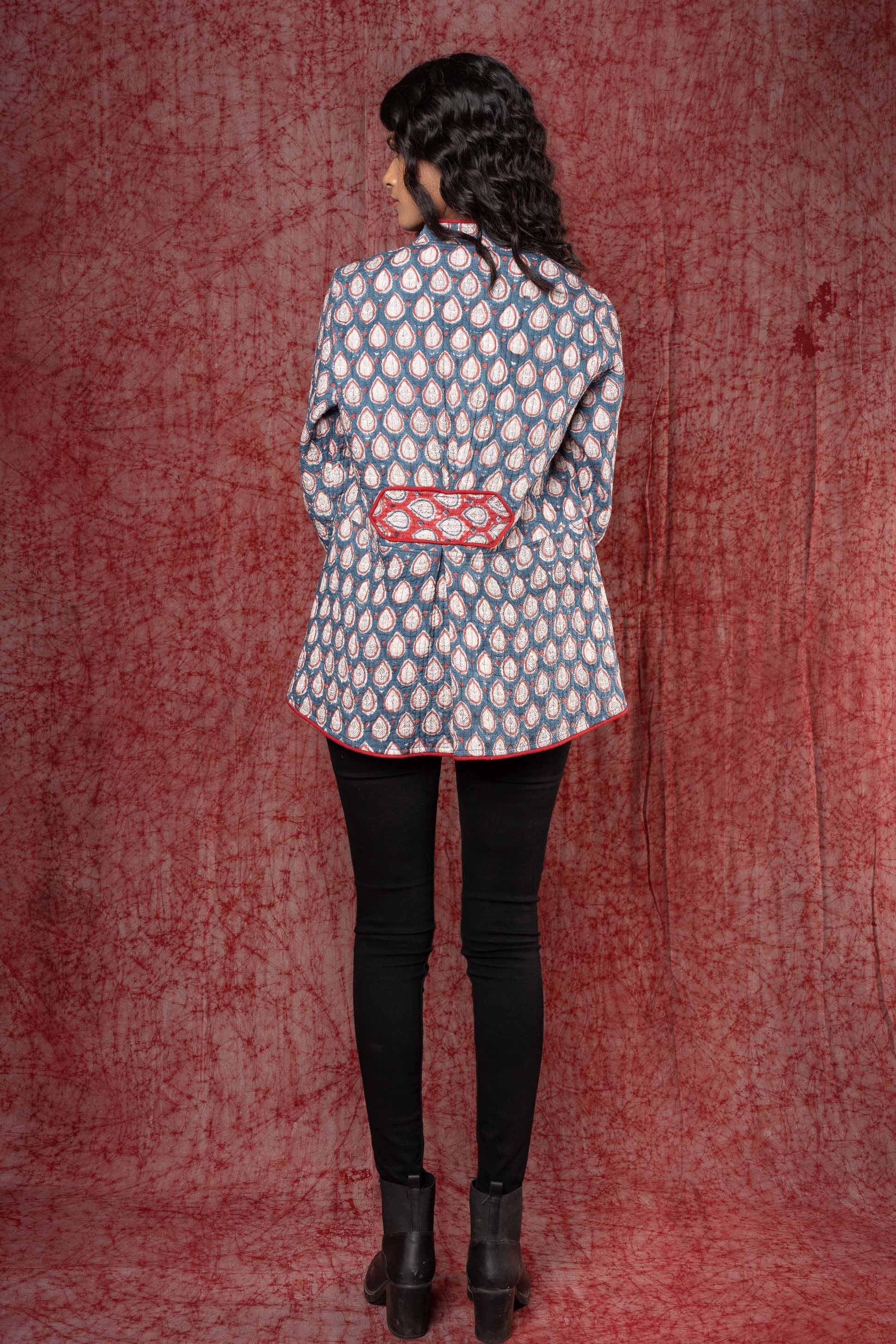 Blue Red Patch Block Printed Quilted Jacket