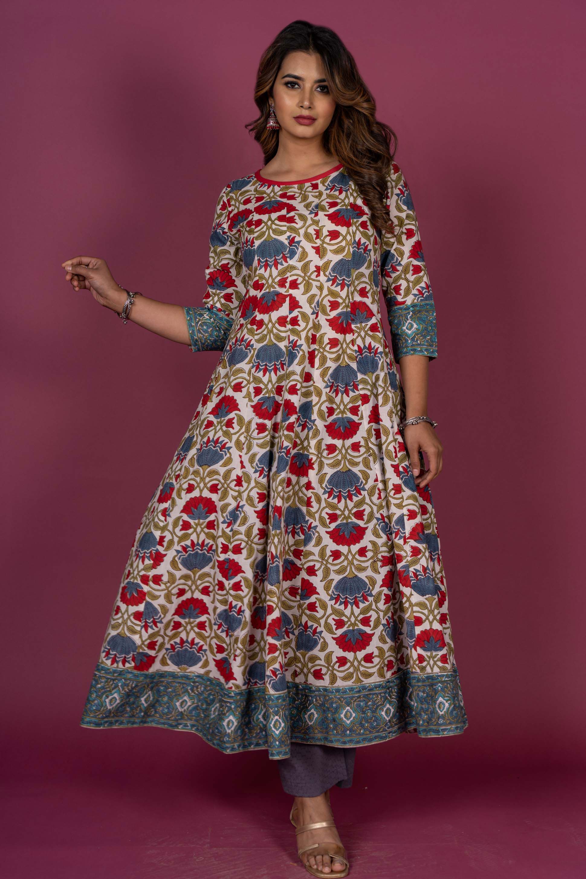 Floral Block Printed Anarkali Kurta 