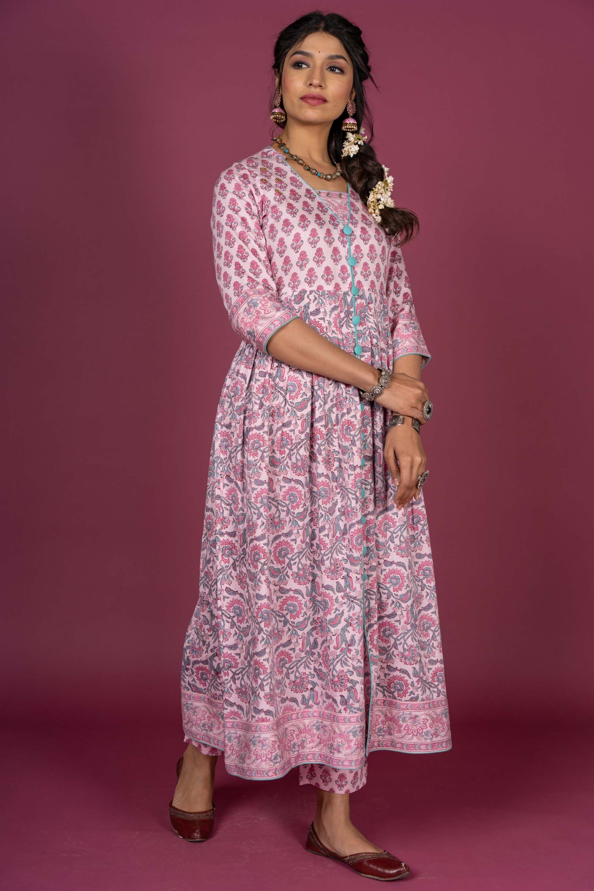 Rose Bloom Block Printed Kurta Set