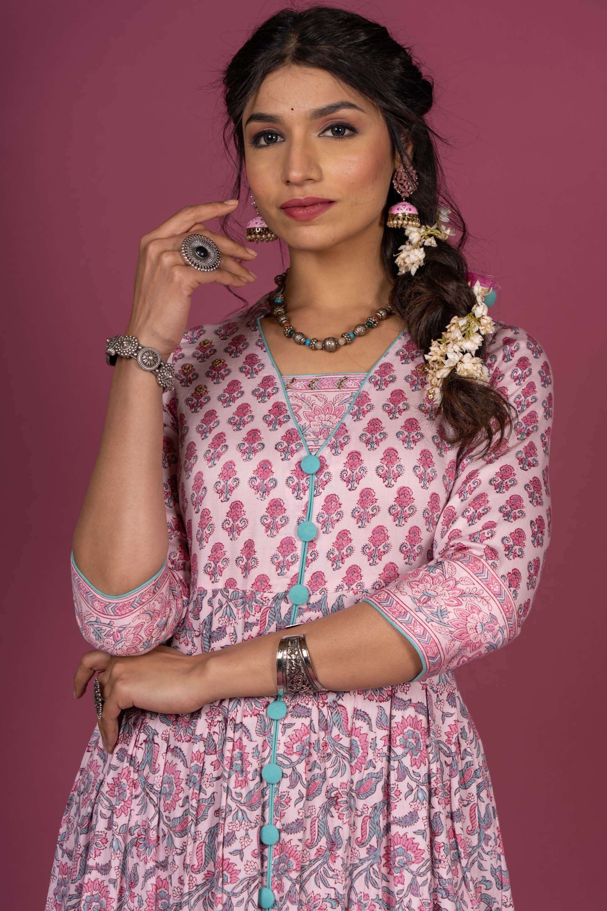 Rose Bloom Block Printed Kurta Set