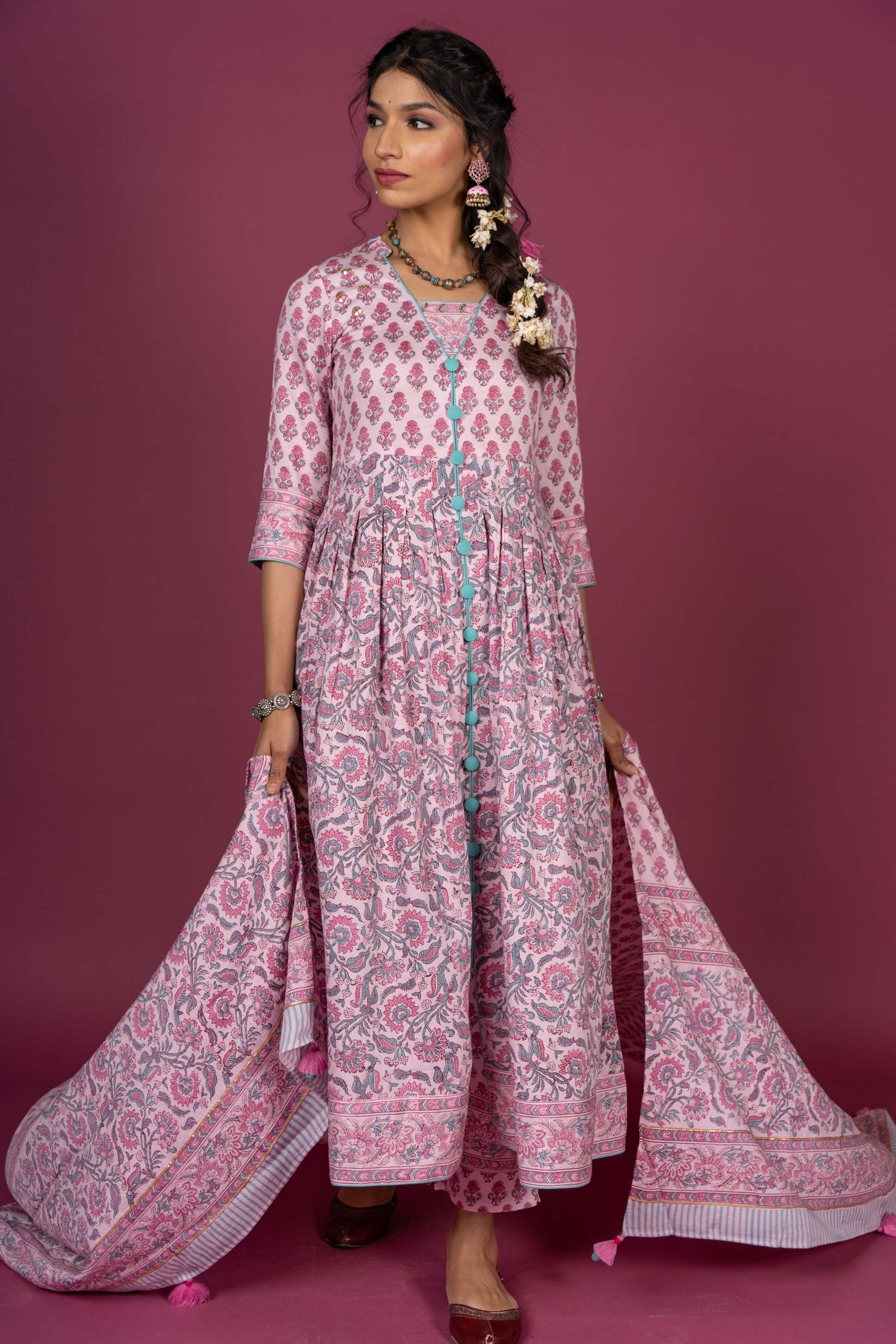 Quartz Pink Block Printed Kurta Dupatta Set