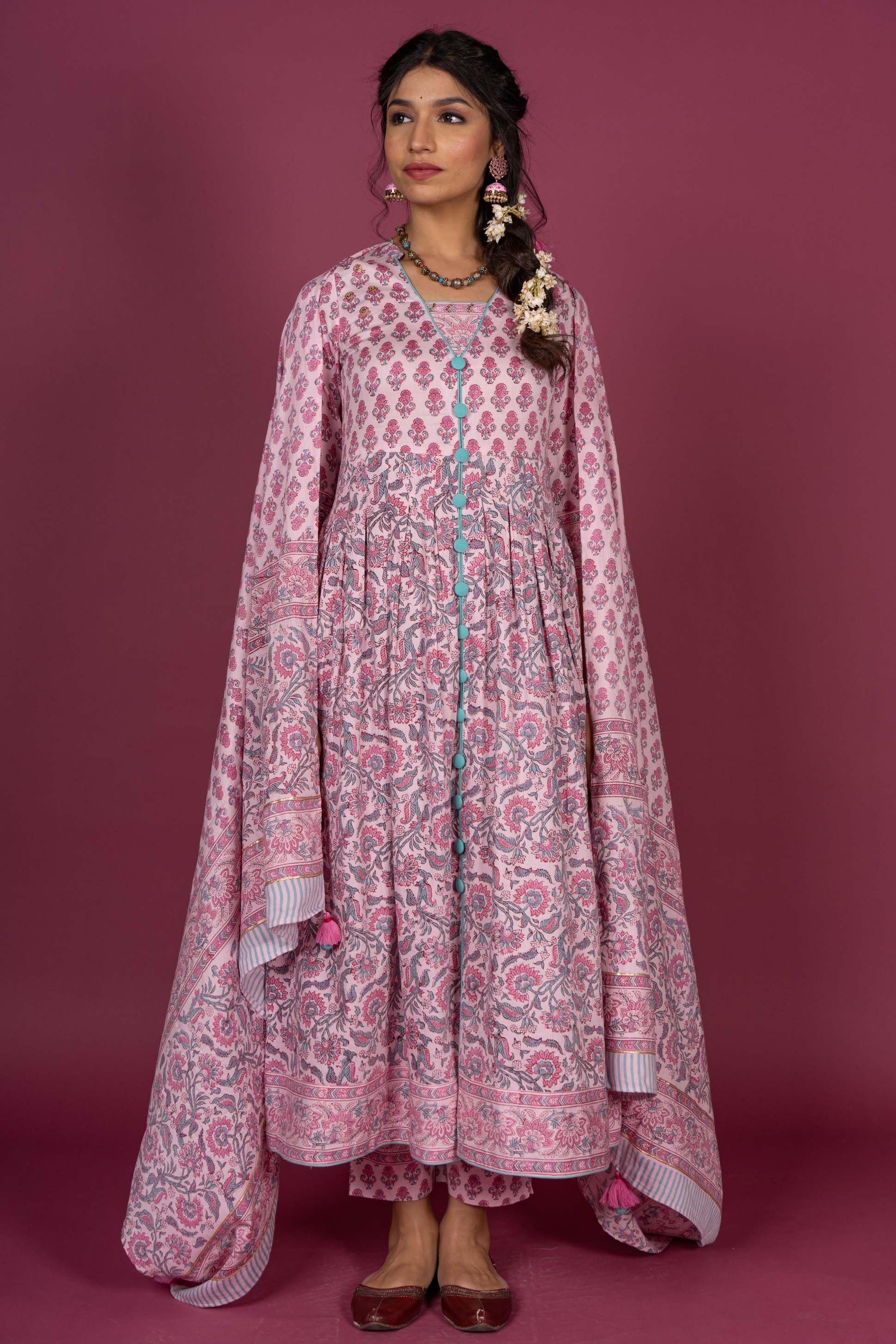 Quartz Pink Block Printed Kurta Dupatta Set