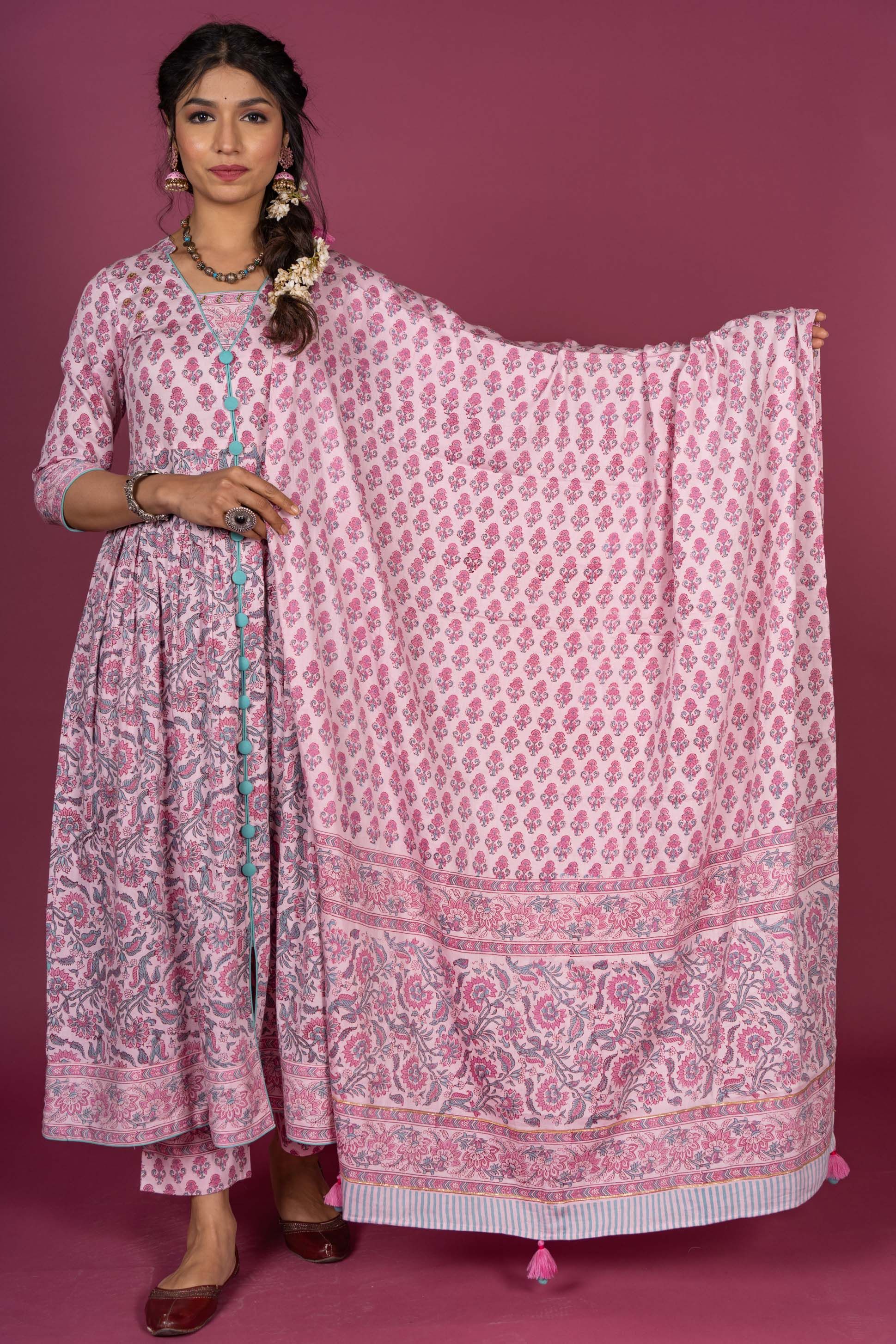 Quartz Pink Block Printed Kurta Dupatta Set