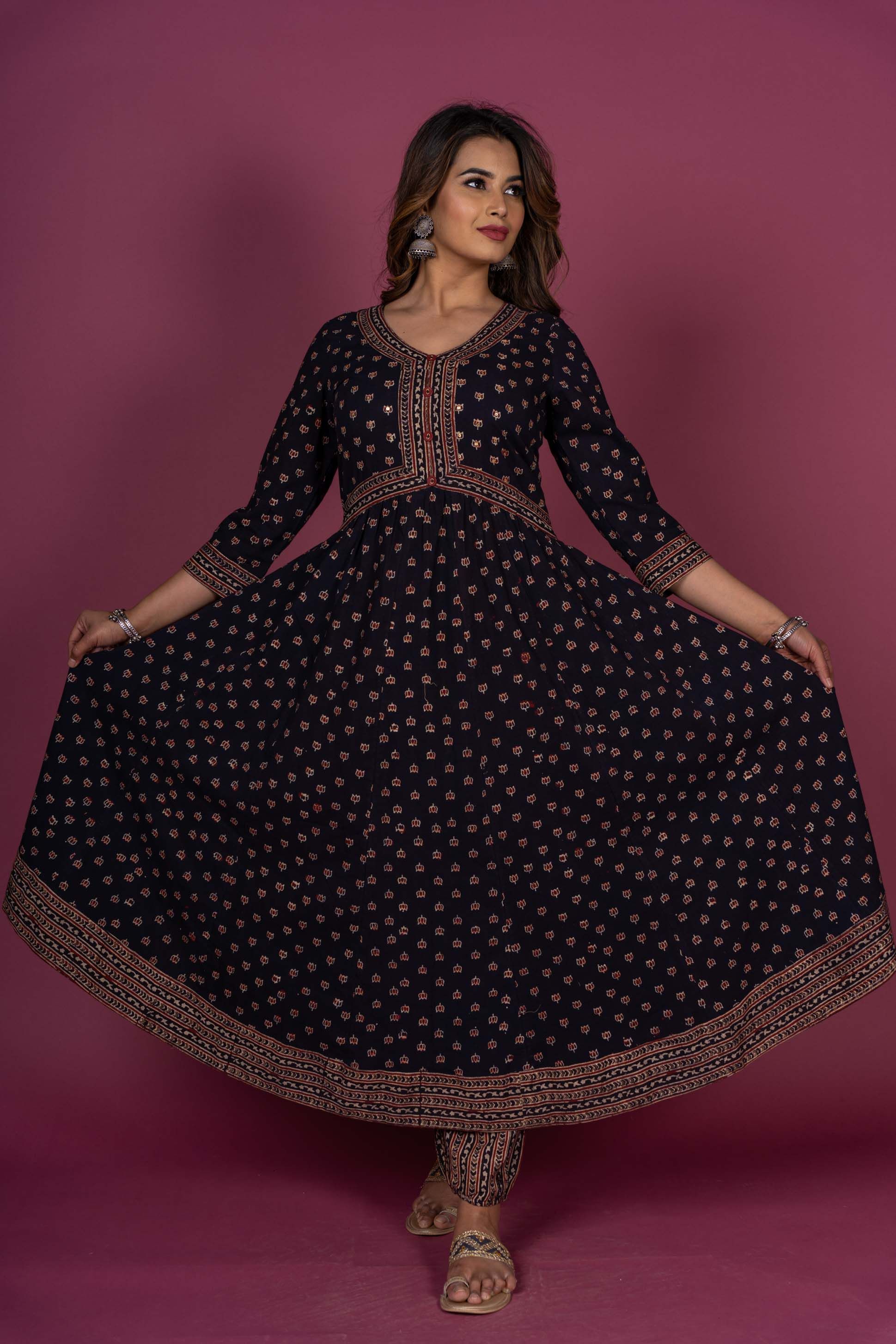 Black Ajrakh Block Printed Anarkali Kurta 